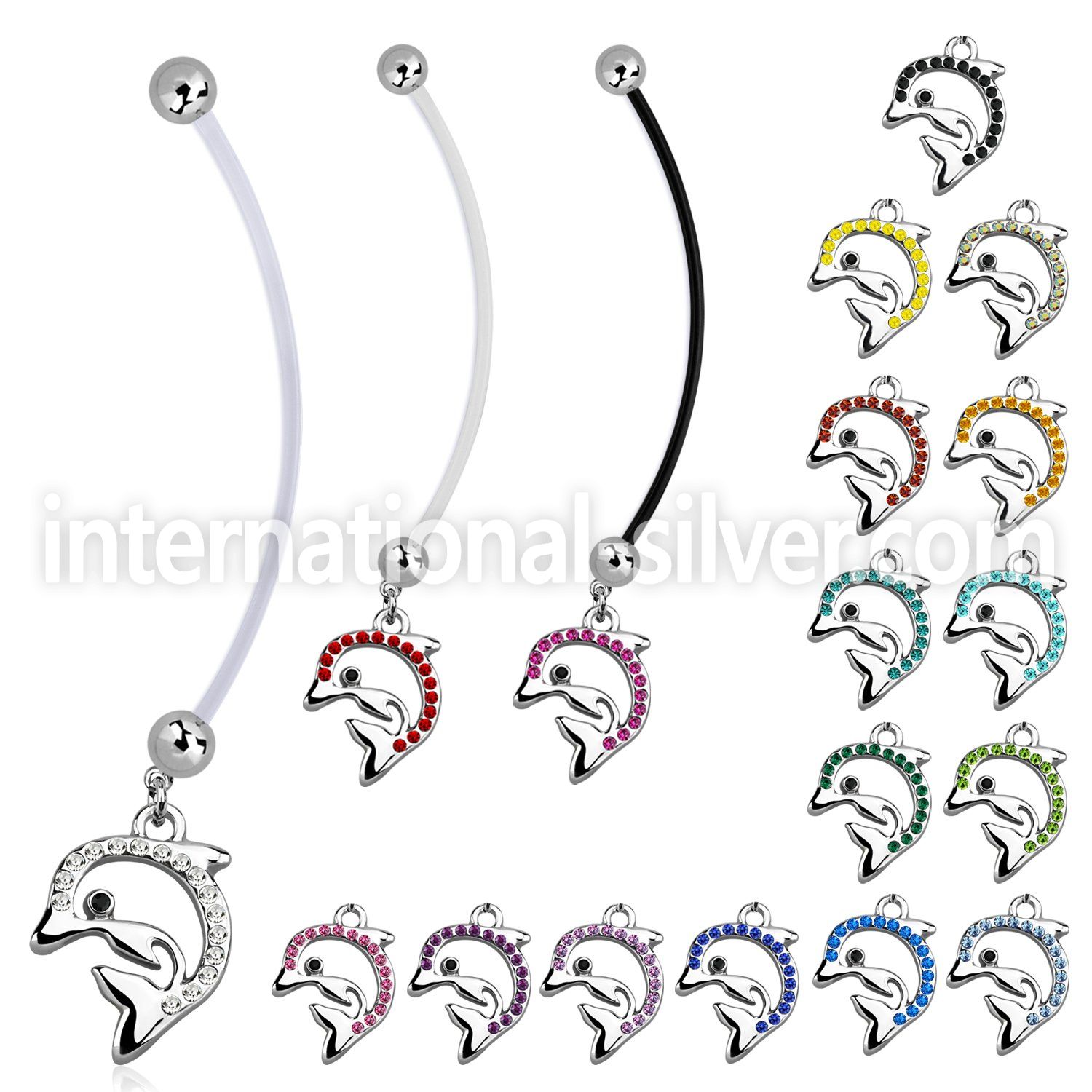 pnd672 pregnancy belly ring w dangling crystal studded dolphin 