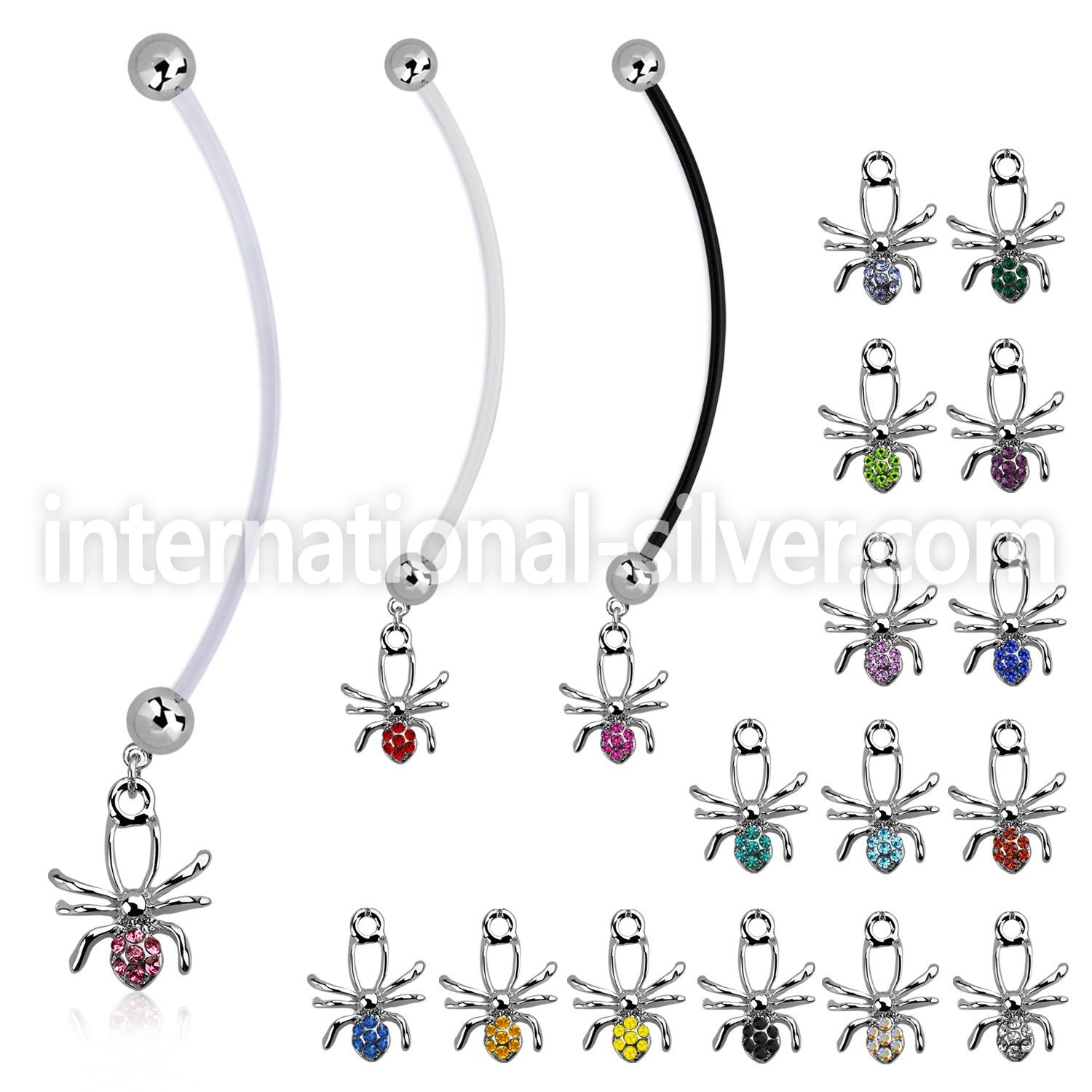 pnd673 pregnancy belly ring w dangling crystal studded spider 
