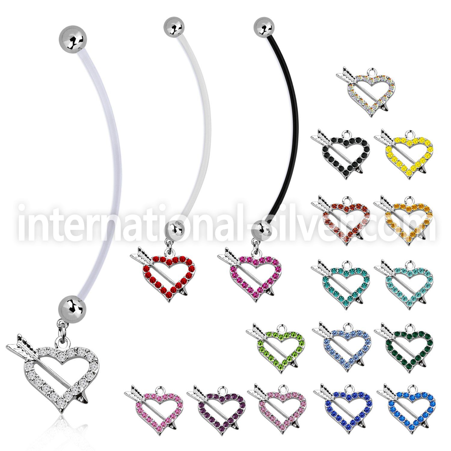 pnd678 pregnancy belly ring w dangling crystal heart arrow 