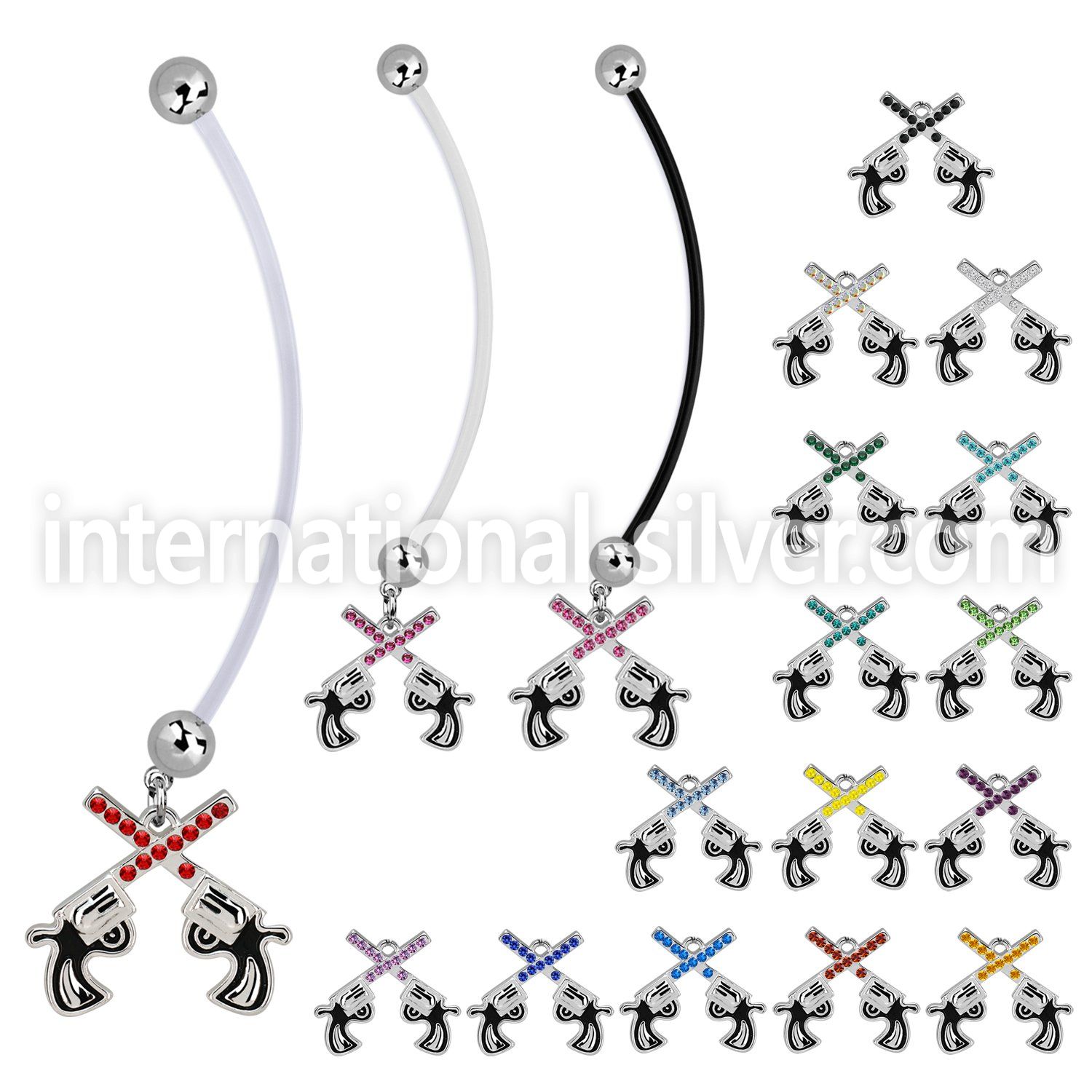 pnd750 pregnancy belly ring w dangling crossed crystal pistol