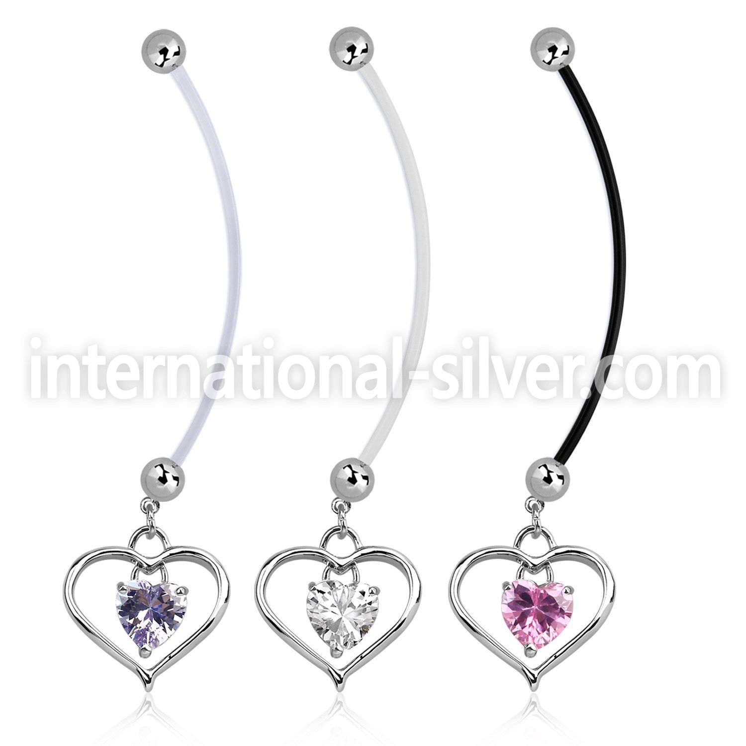 pndz115 pregnancy belly ring w dangling heart w inner heart cz 