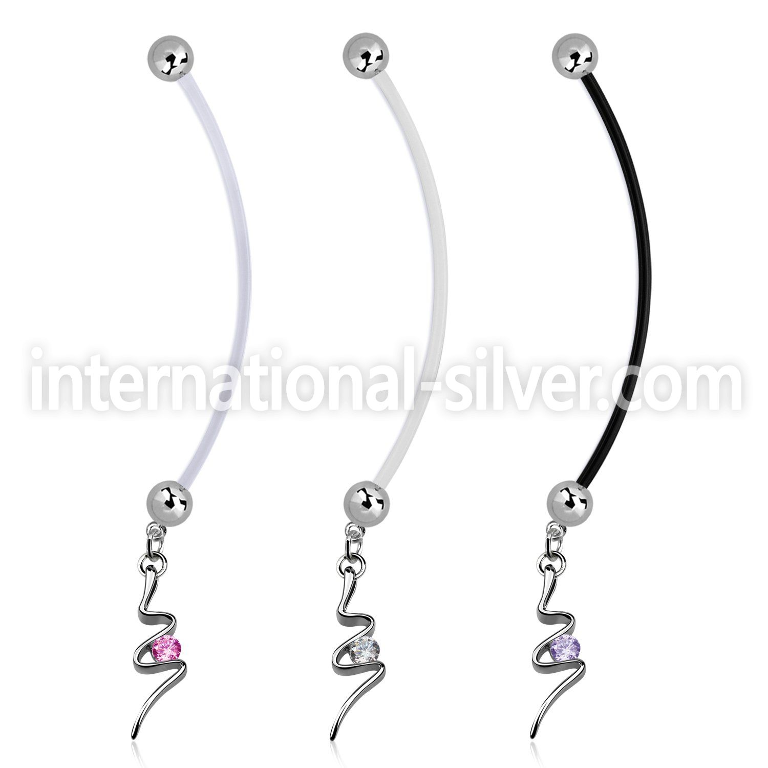 pndz13 pregnancy belly ring w dangling swirl with a round cz 