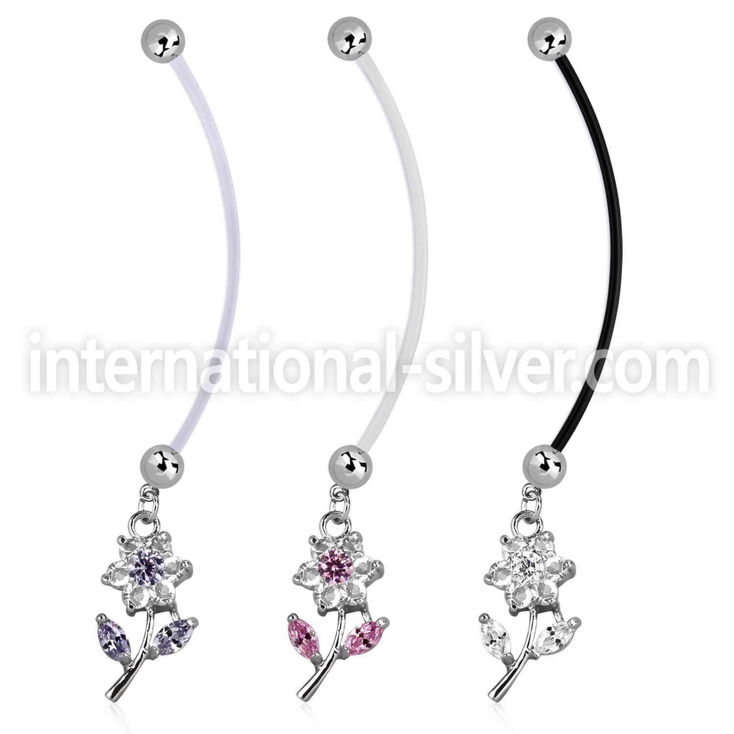 pndz178 pregnancy belly ring w dangling cz studded flower 