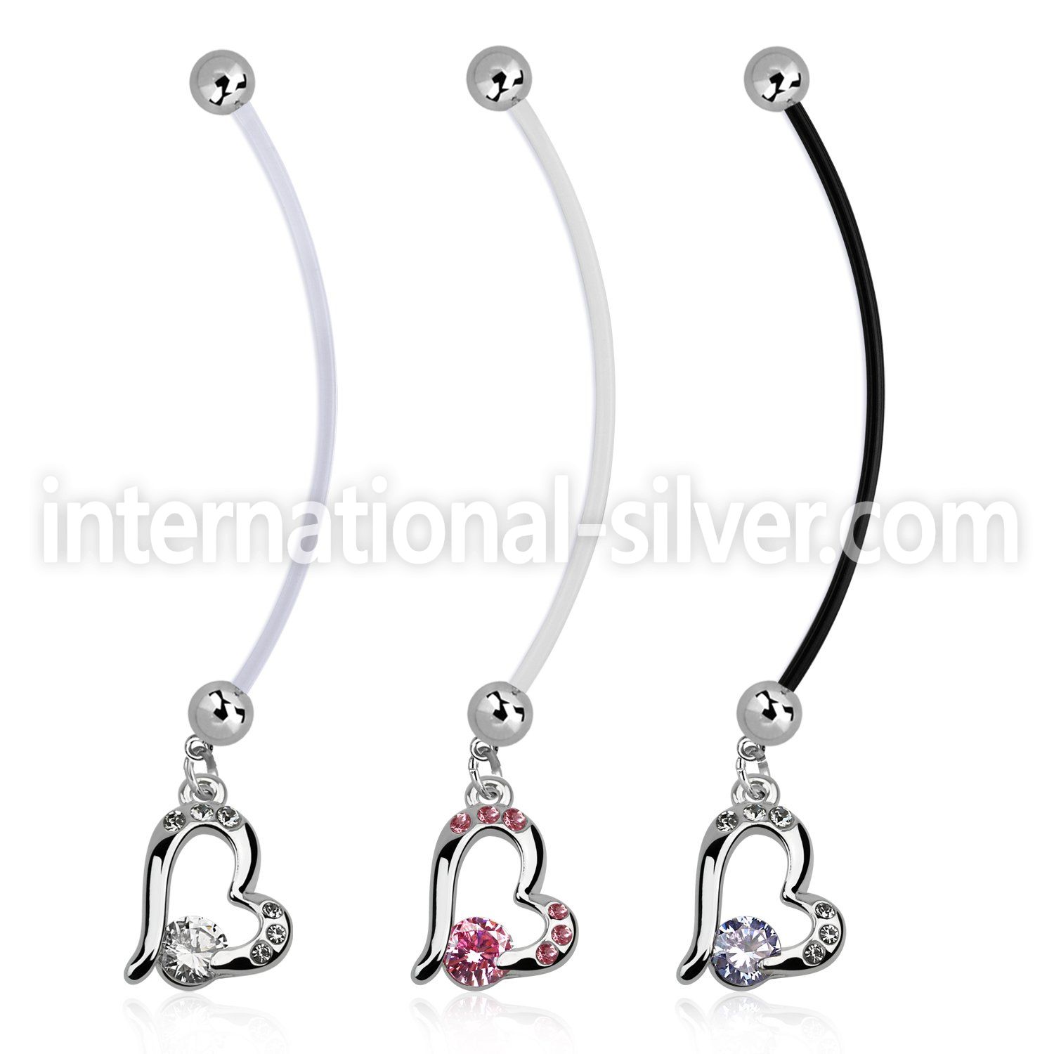 pndz362 pregnancy belly ring w dangling heart w a prong set cz