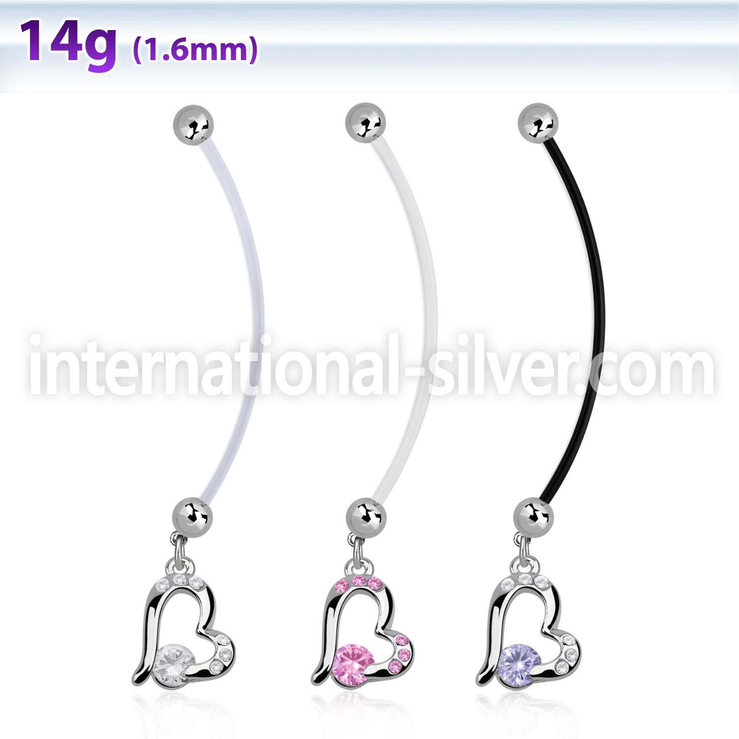 pndz362 pregnancy belly ring w dangling heart w a prong set cz
