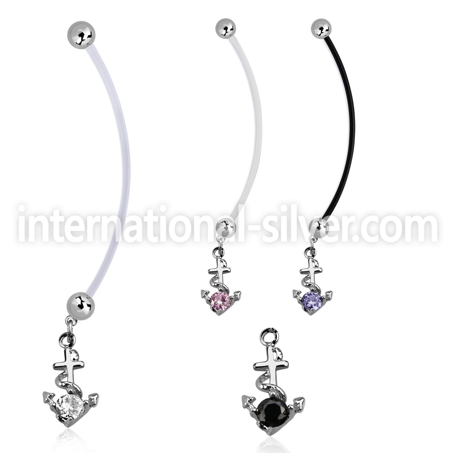 pndz371 pregnancy belly ring w dangling anchor w round cz