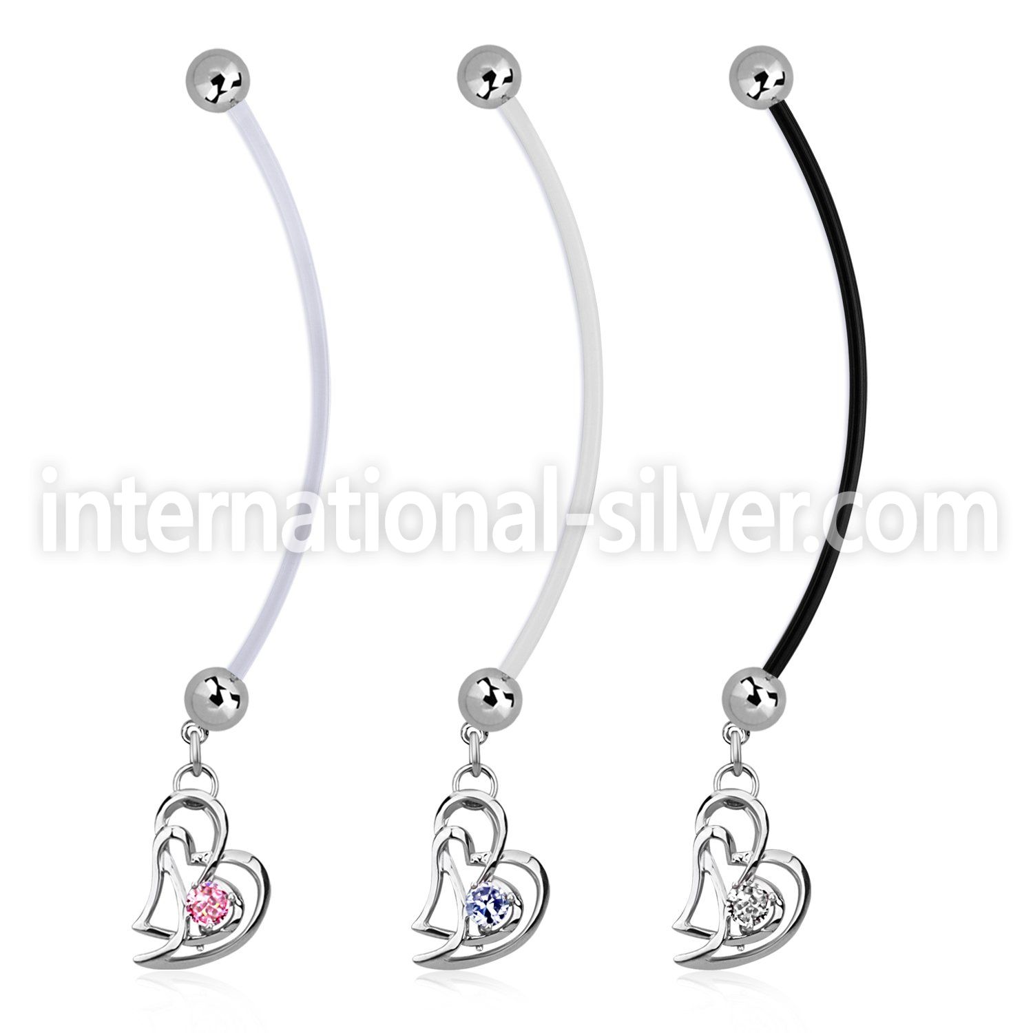 pndz373 pregnancy belly ring w dangling double heart w round cz