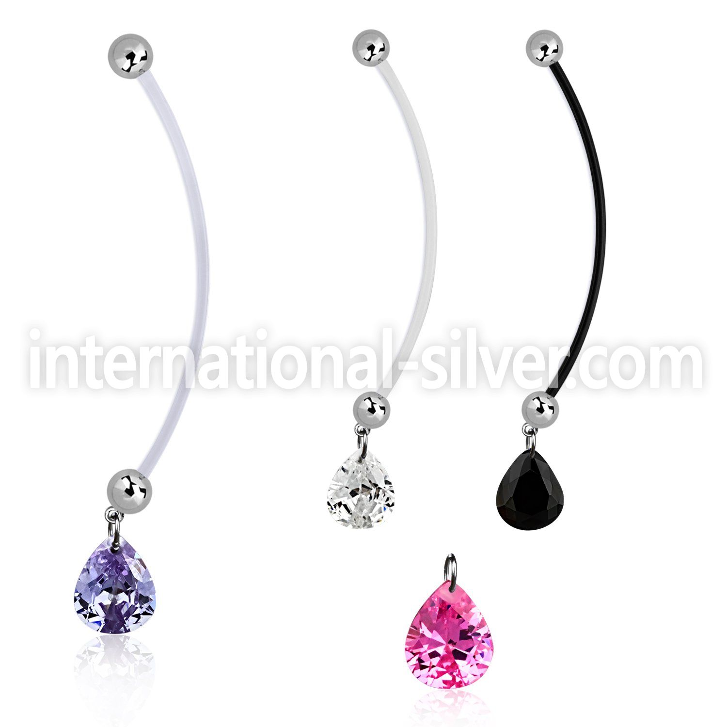 pndz409 pregnancy belly ring w dangling 11 x 9mm pear shaped cz 