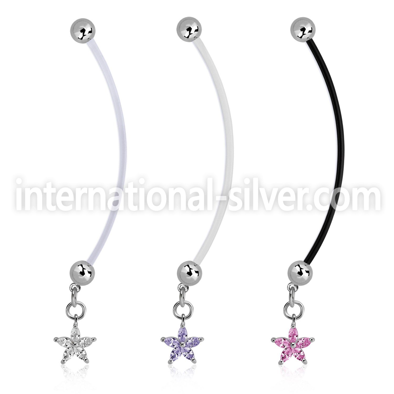 pndz413 pregnancy belly ring w dangling flower w prong set cz