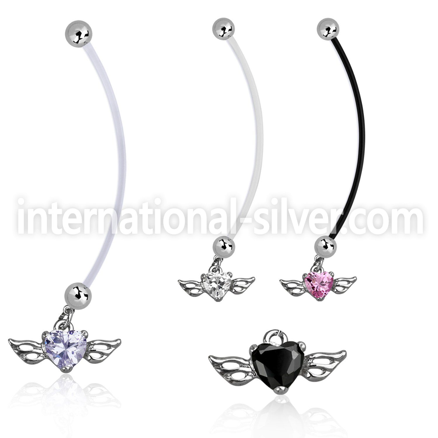pndz586 pregnancy belly ring w dangling heart shaped cz w wings