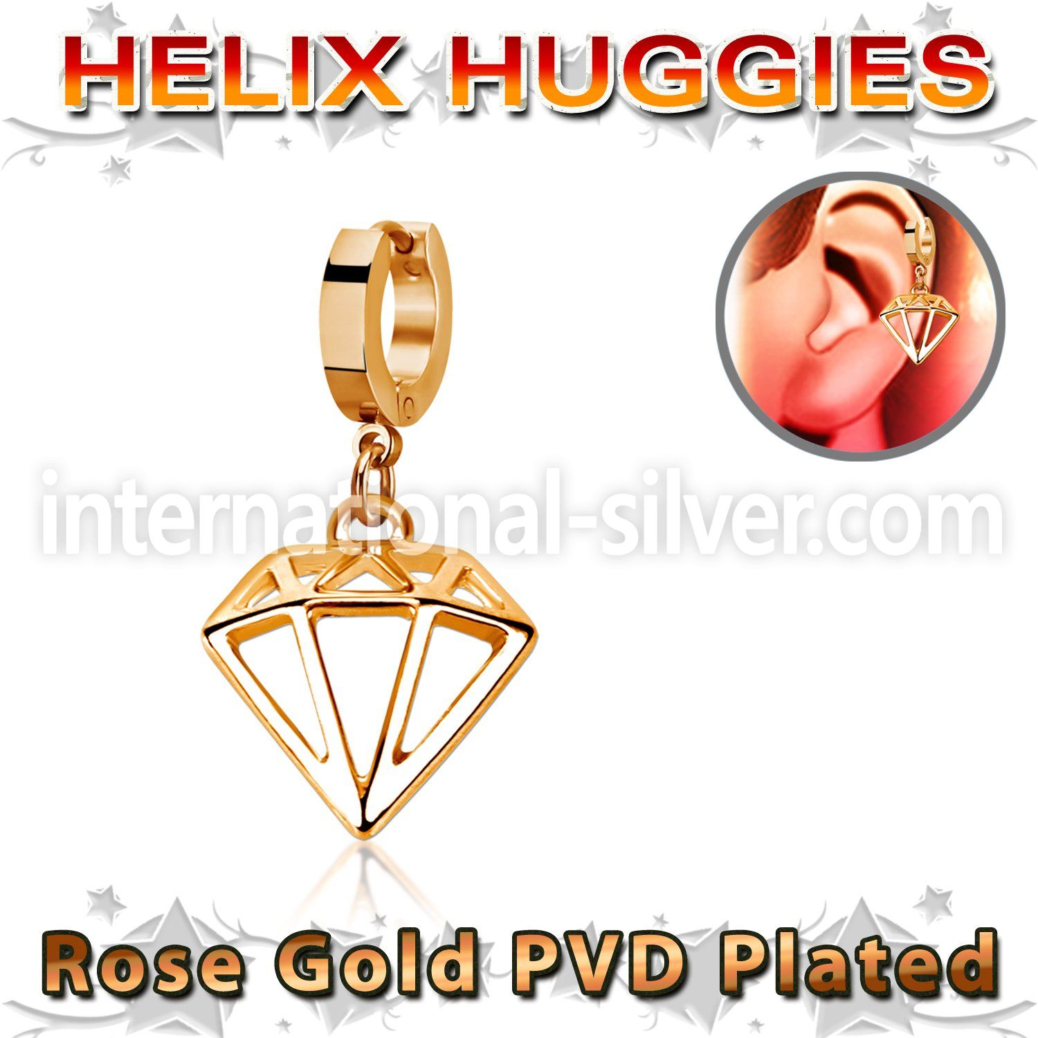 rose gold steel helix huggie w a diamond dangling 