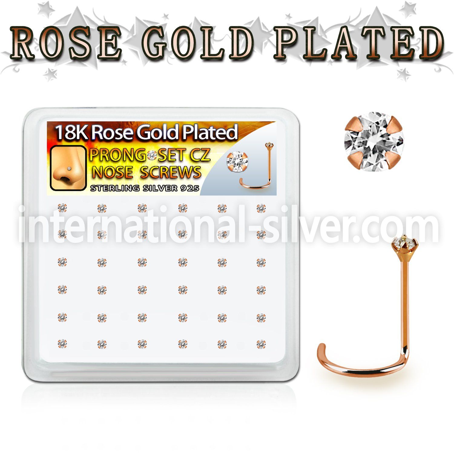 rsnwzbc rose gold plated silver nose screws w prong set 1.5mm cz