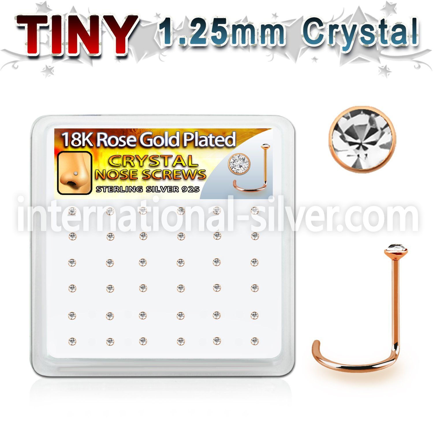 rsw6xc box rose gold plated silver nose screws w 1.25mm crystal