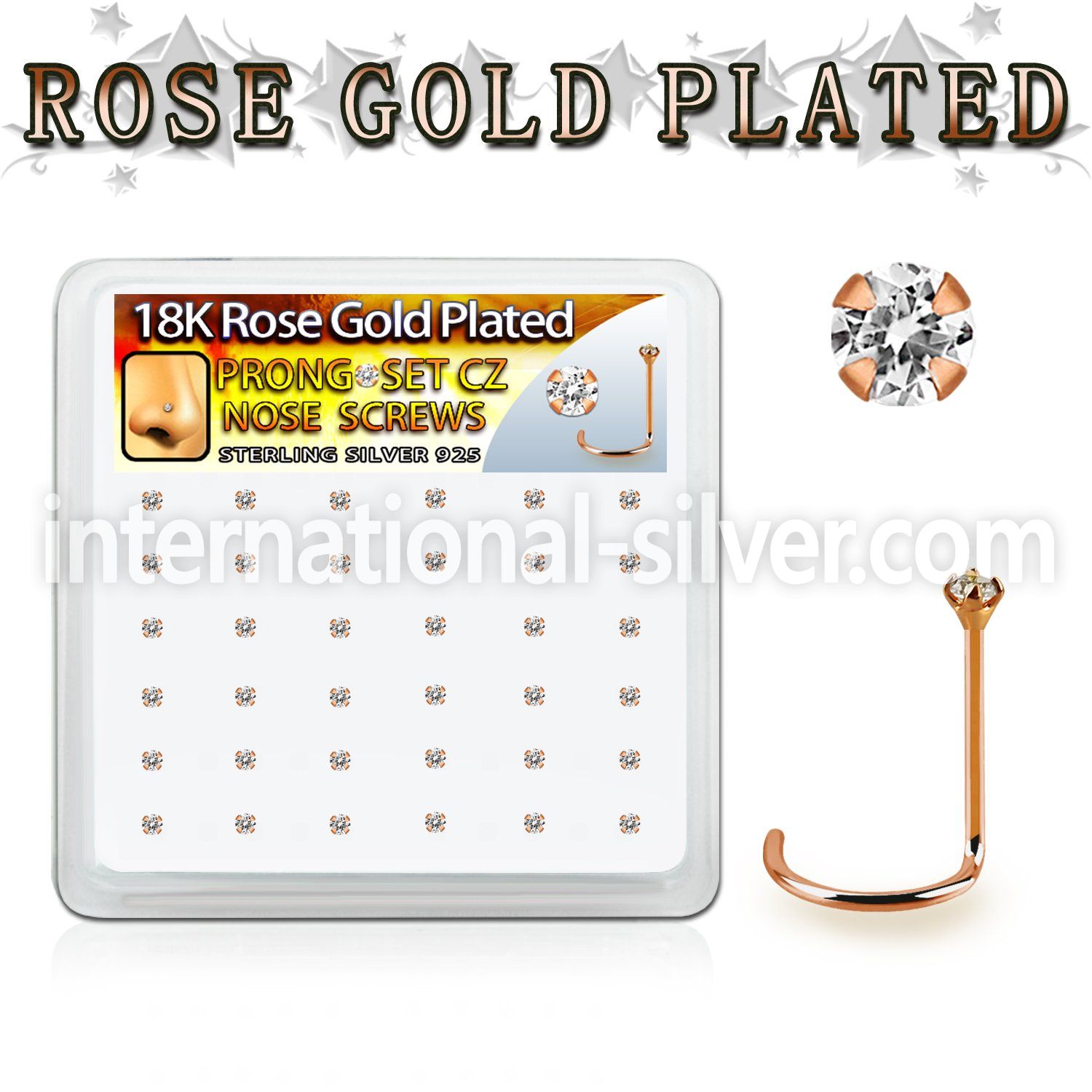 rswz12xc box w rose gold plated silver nose screw w set 1.25mm cz