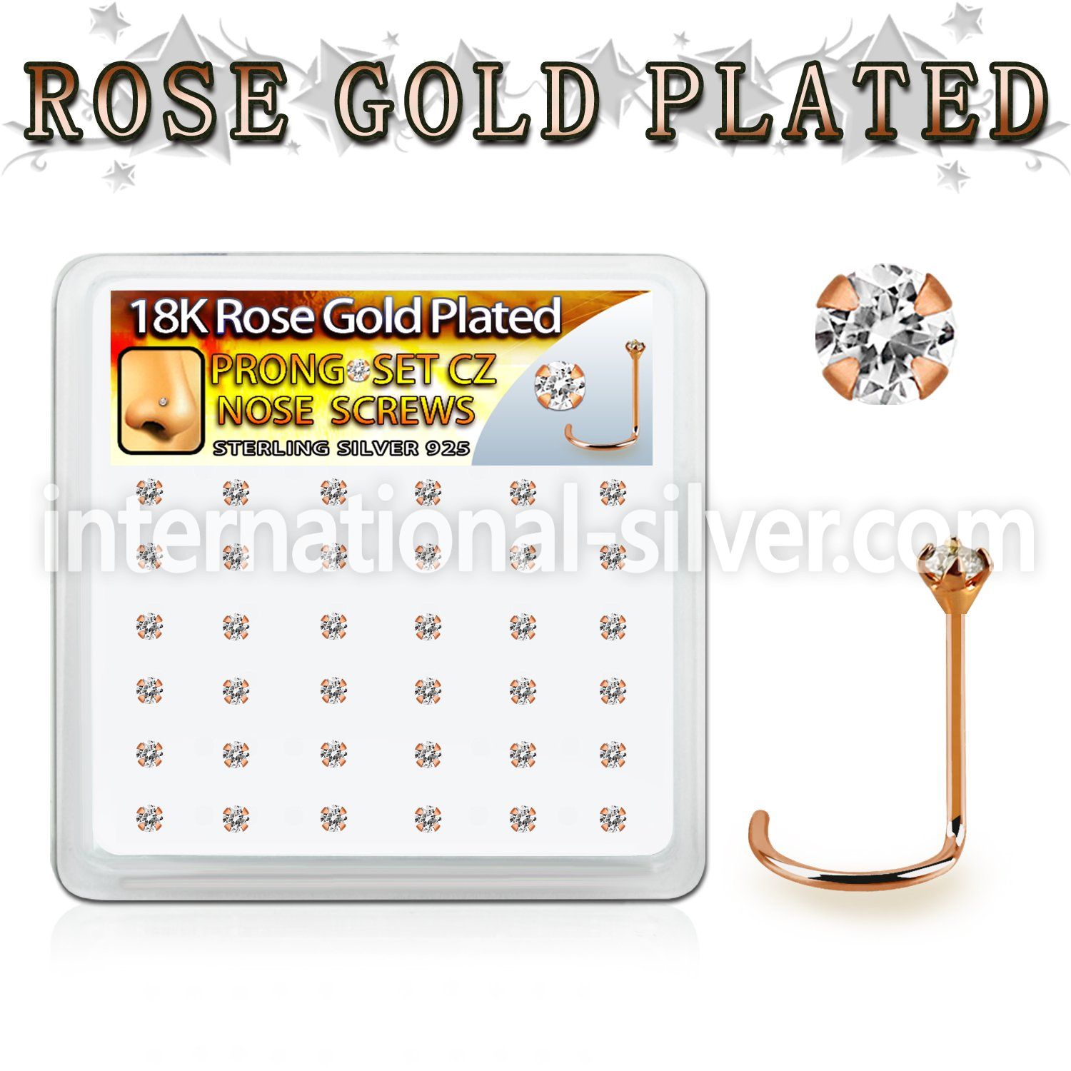 rswz2xc box w rose gold plated silver nose screws w set 2mm cz