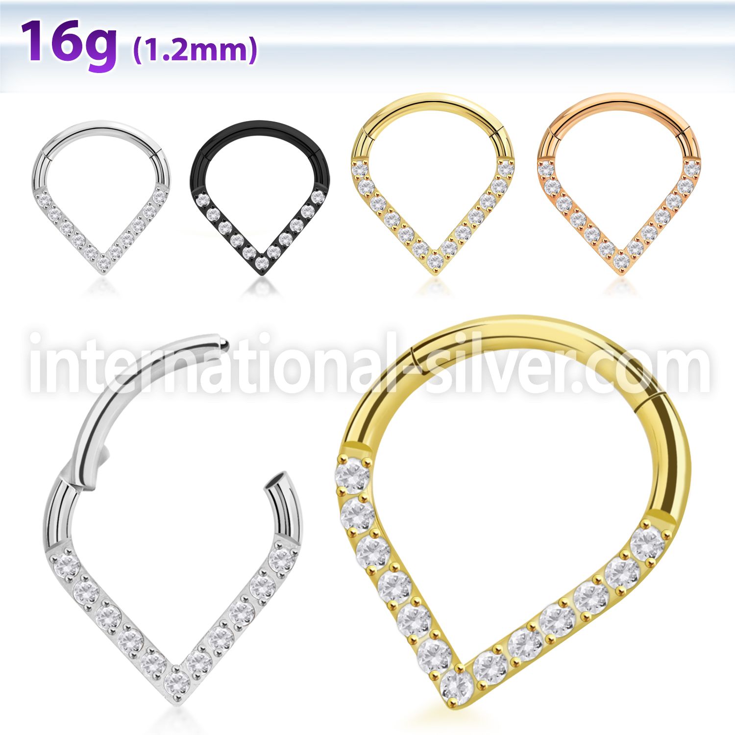 sgsh15 surgical steel hinged segment hoop round cz pear
