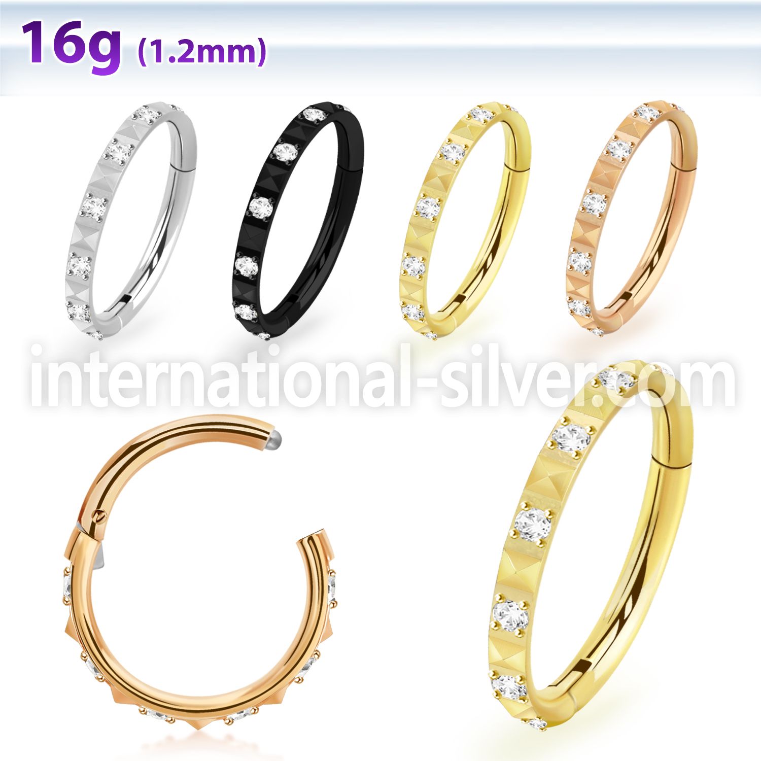 sgsh44 surgical steel hinged segment hoop 16g cz pyramid cut