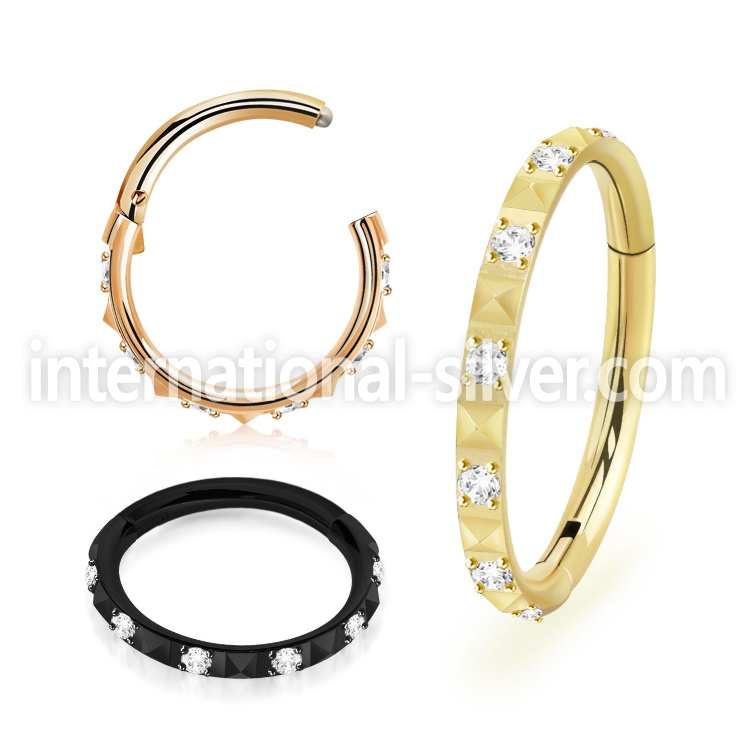 sgsh44t pvd plating steel hinged segment hoop 16g cz pyramid