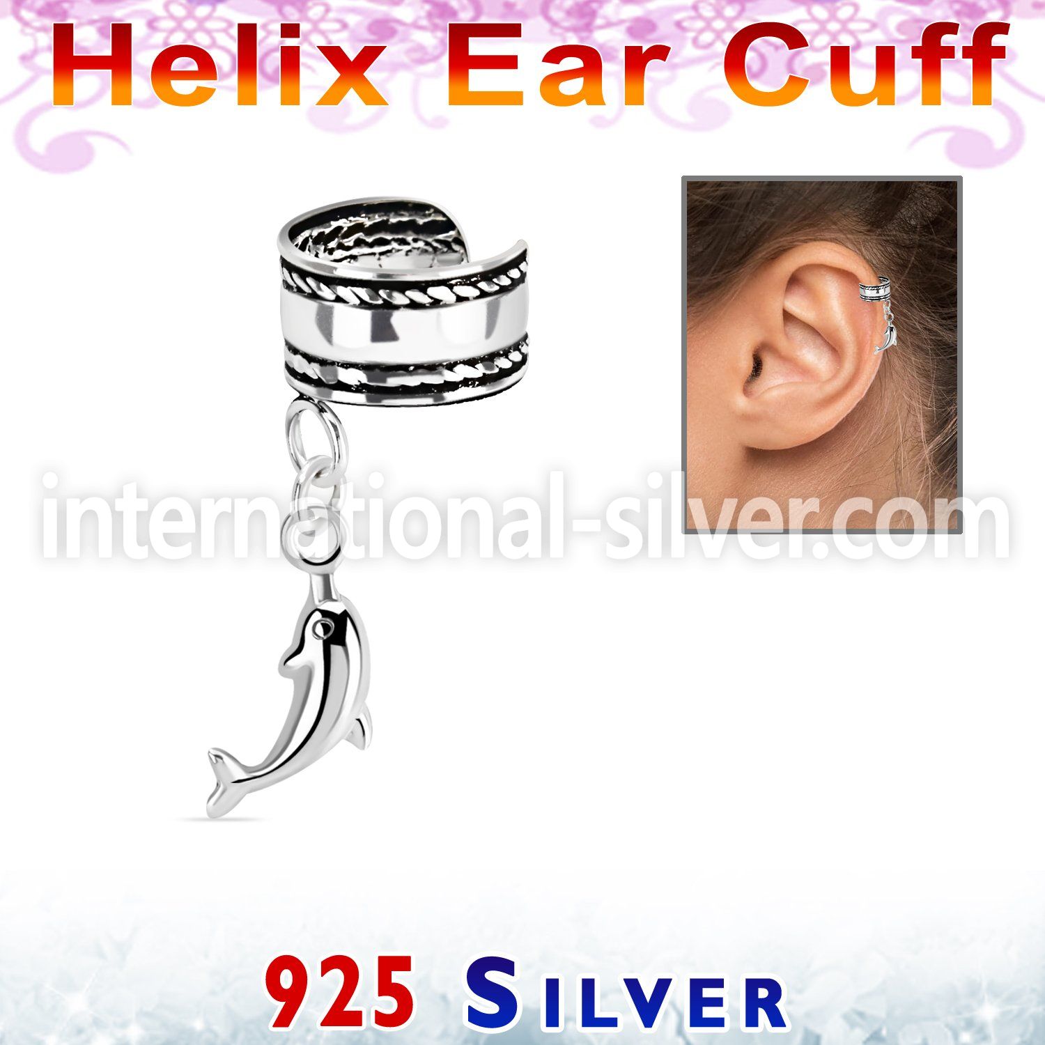 silver helix ear cuff w a rope edge w a dolphin dangling 