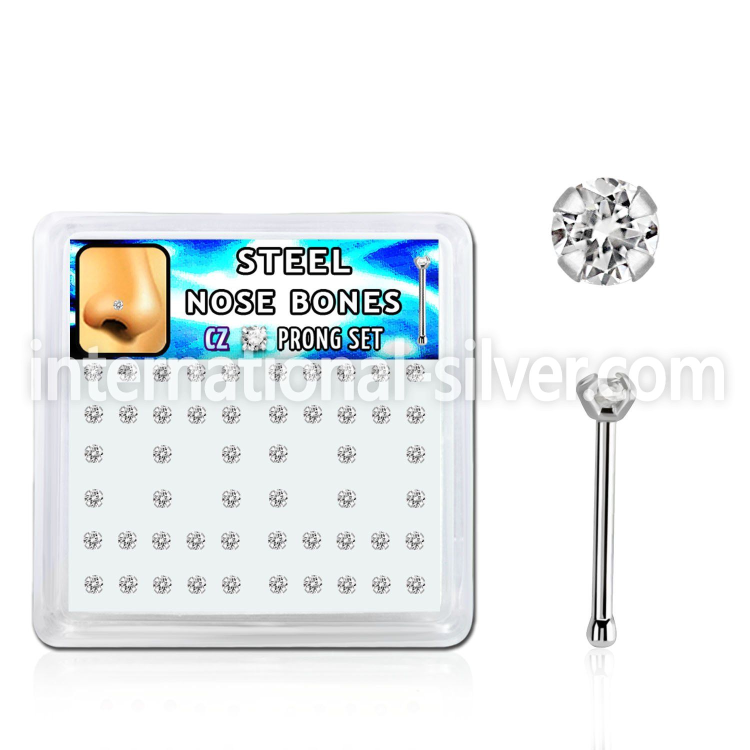 snbz2xc box w 316l steel nose bones, 20g w prong set 2mm cz