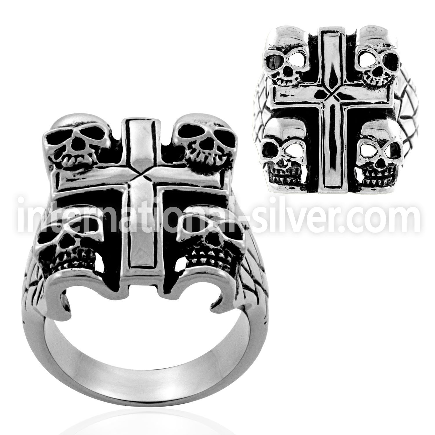 sr266 high polished steel ring with skulls on cross corners