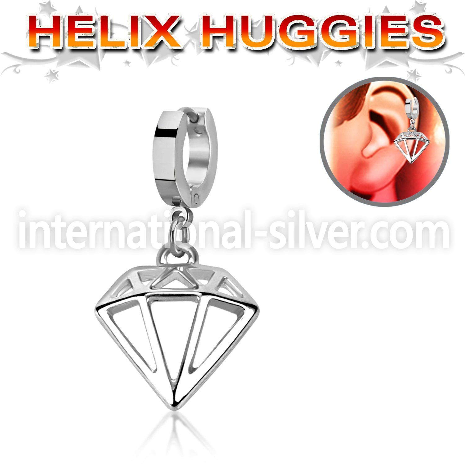 stainless steel huggie w a diamond shaped dangling 