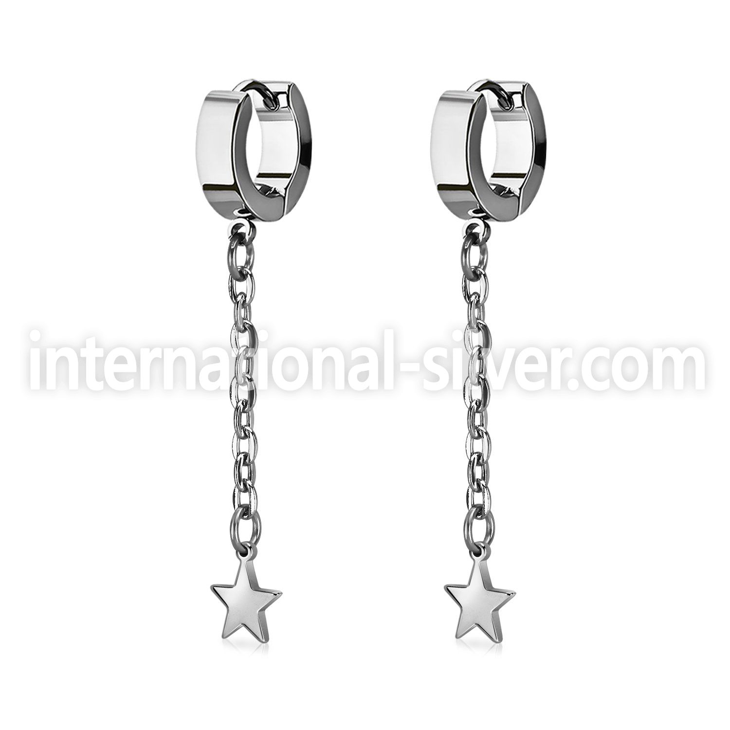 steel huggies earrings w a steel star on long chain 