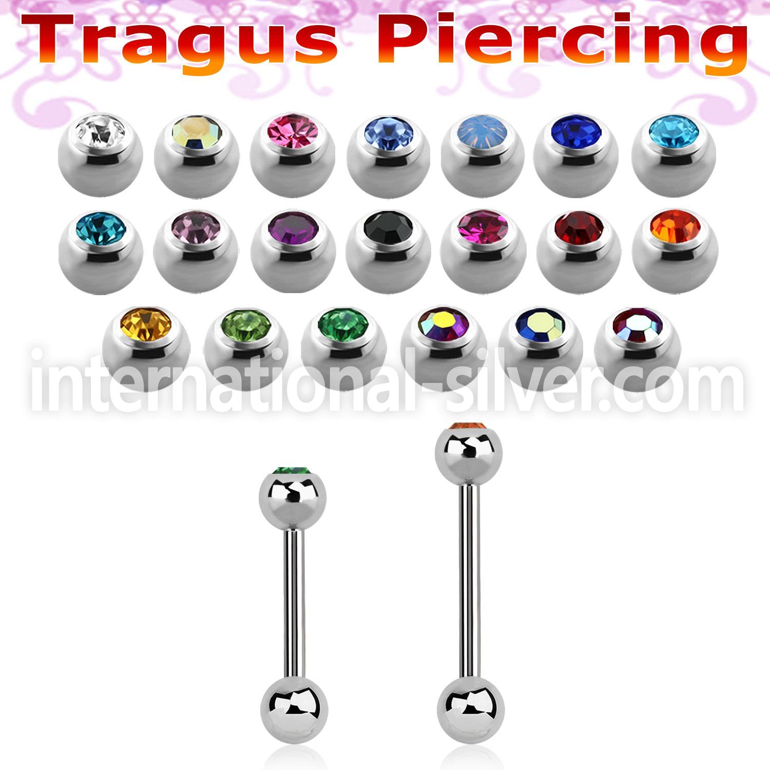 surgical steel tragus barbell, 16g (1.2mm) with a top 3mm bezel jewel ball and a plain 3mm steel ball