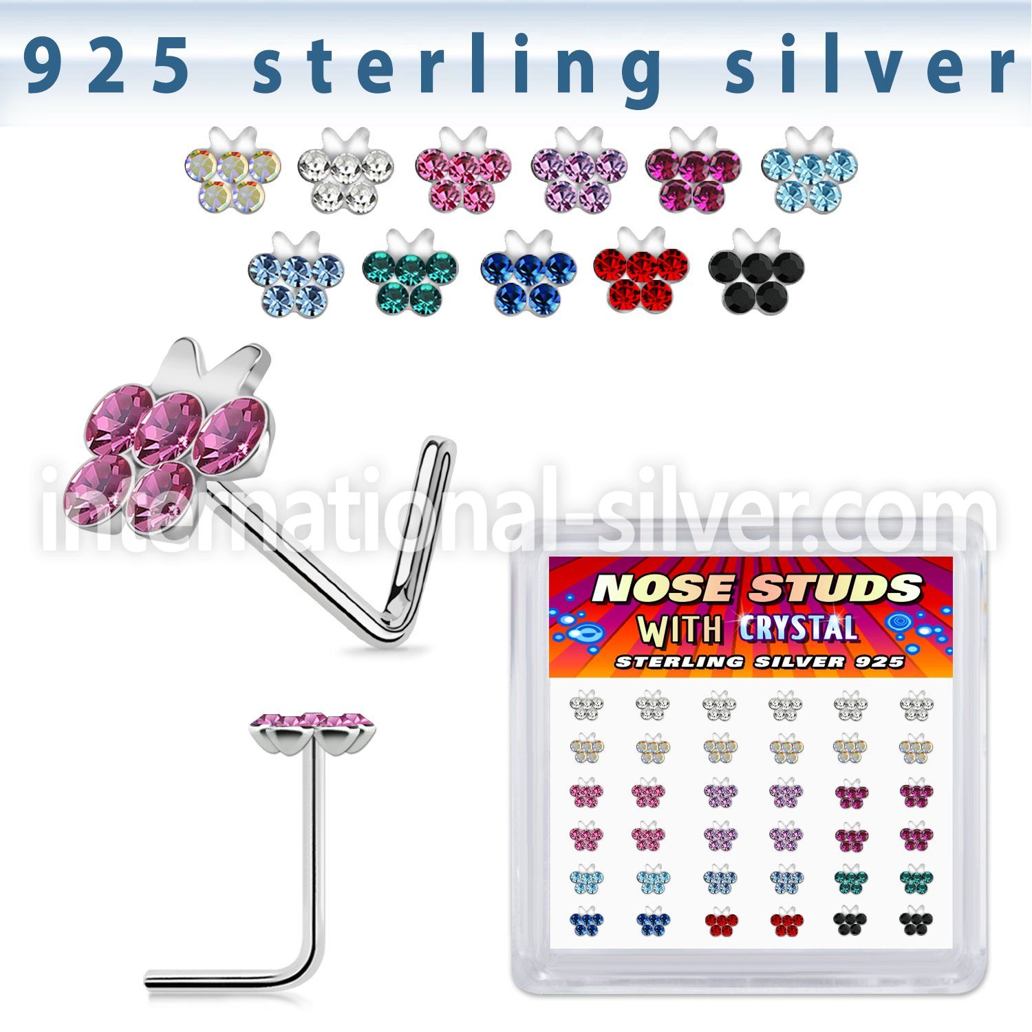 sxbufm36 silver l shaped nose studs 22g butterfly gems 36