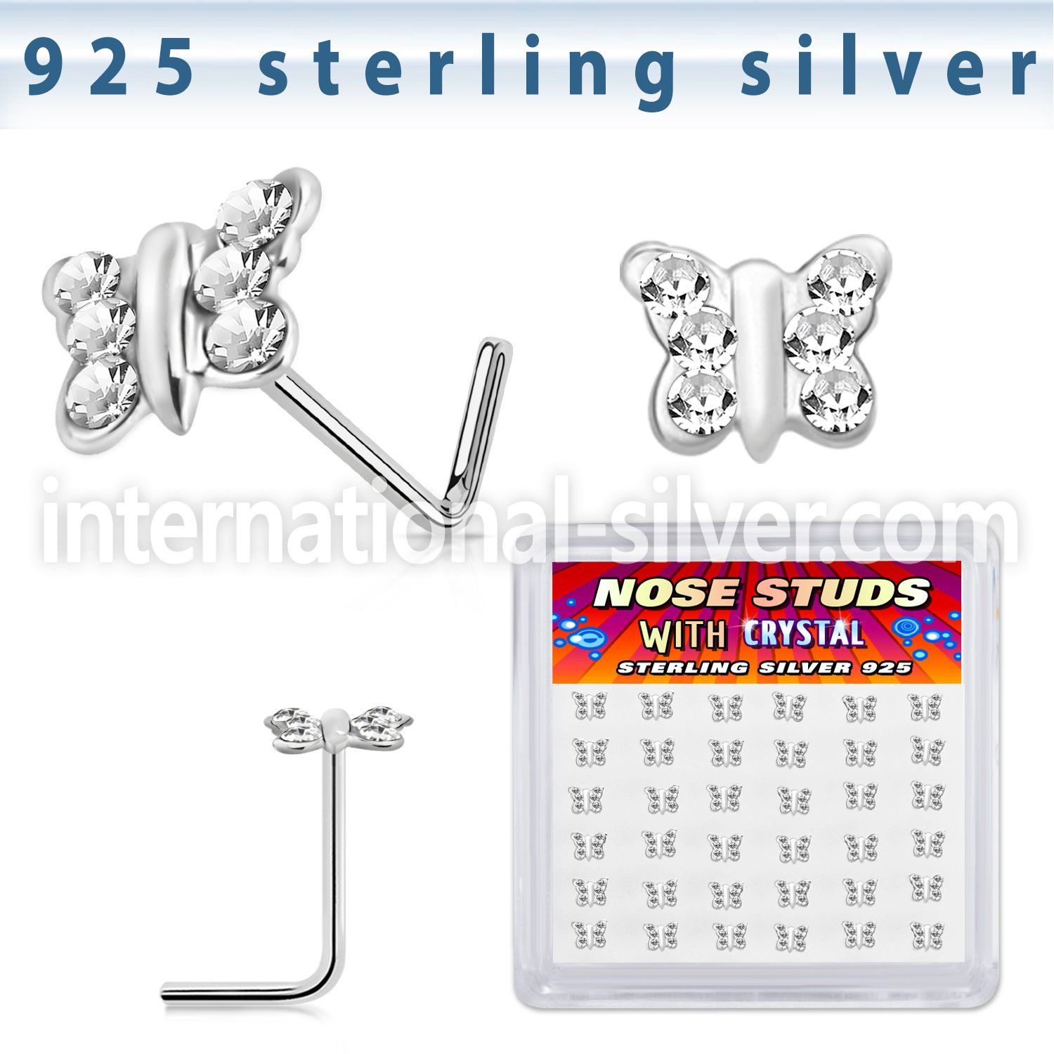 sxbutc36 silver l shaped nose studs 22g butterfly clear 36