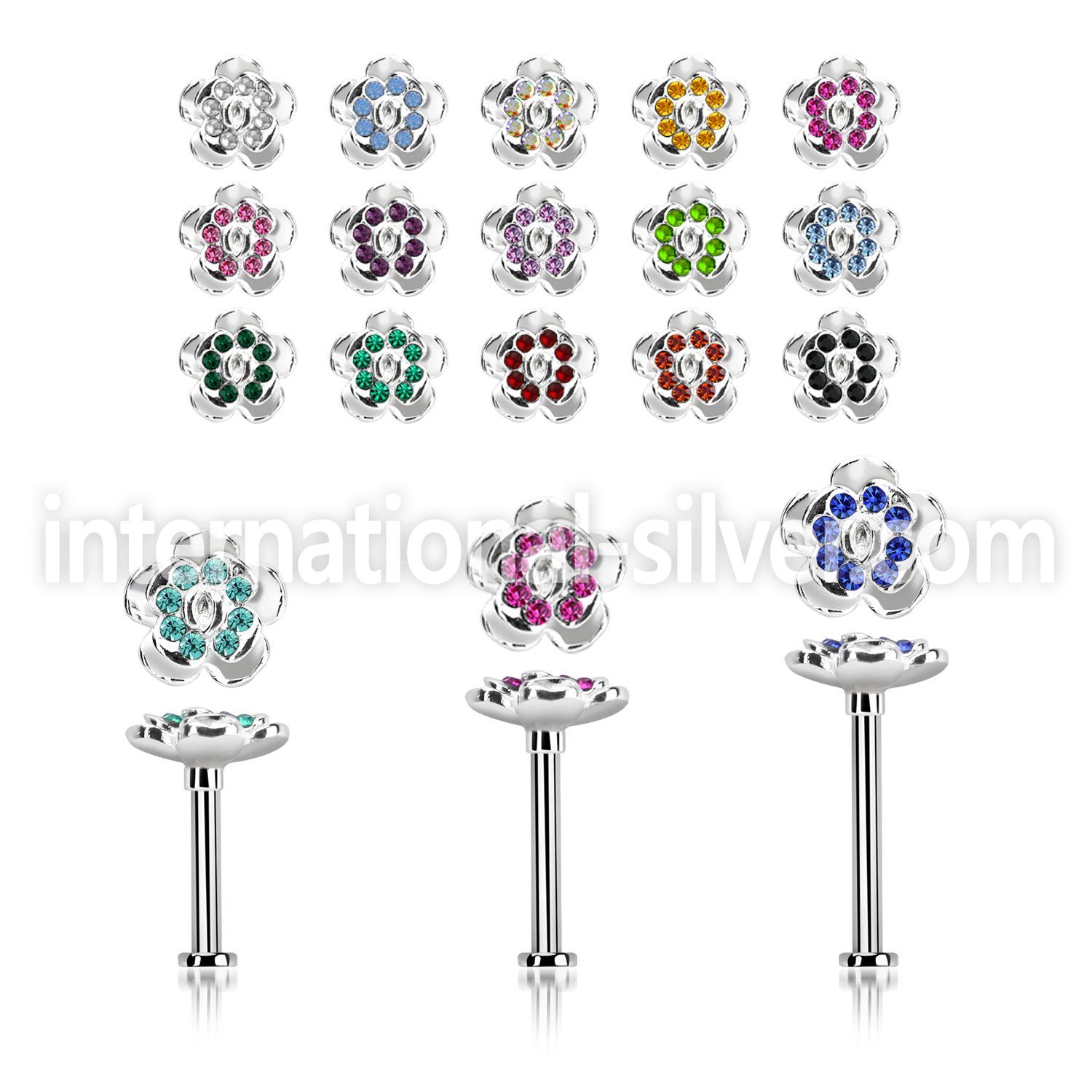 tlb38 steel tragus labret w a crystal flower upper part