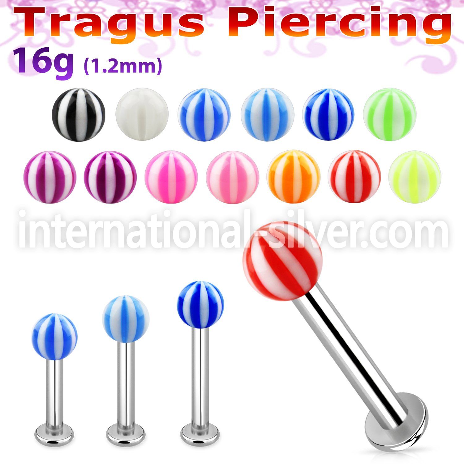 tlbbeb3 316l steel tragus labret 16g w a 3mm uv beach ball 