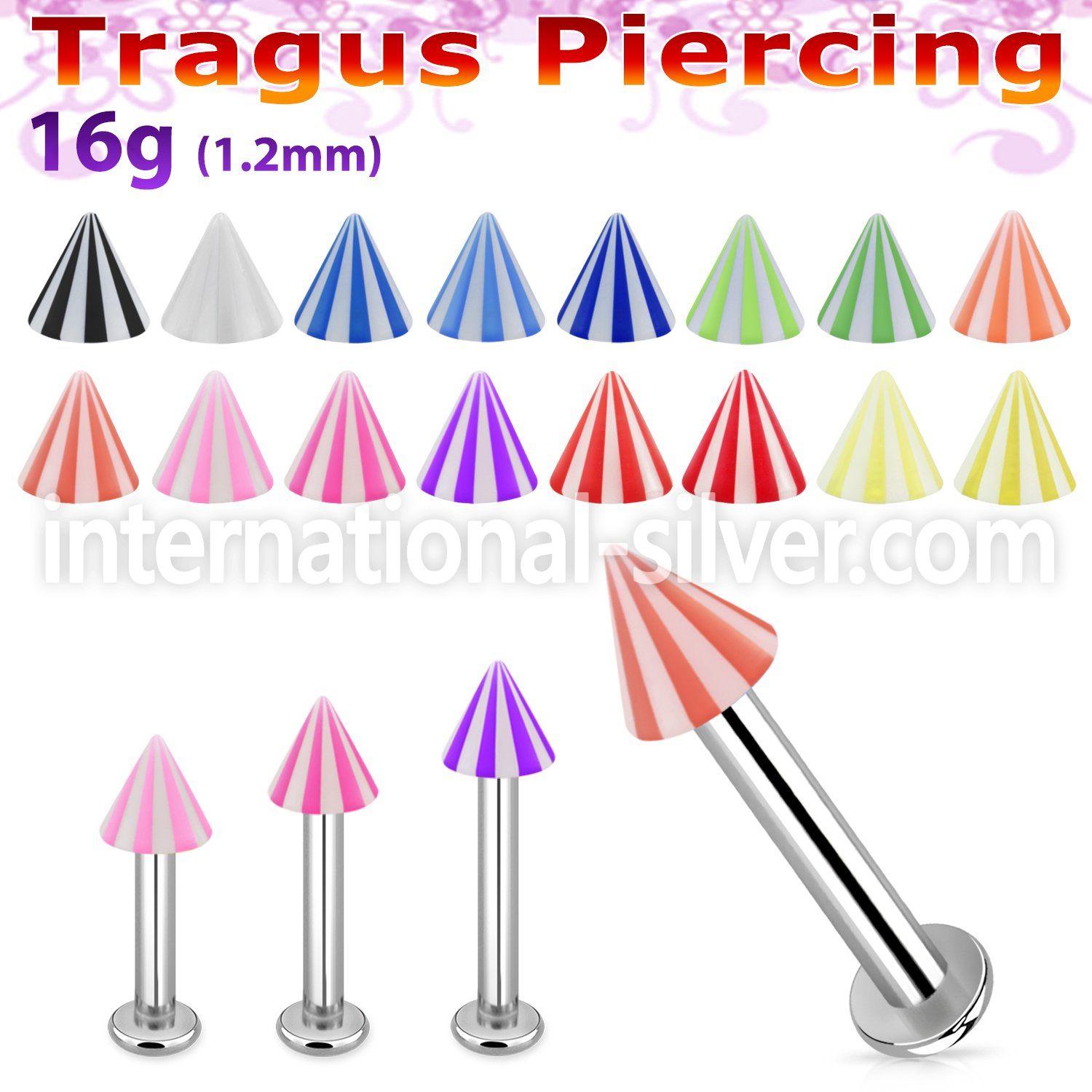 tlbbecn3 316l steel tragus labret 16g w a 3mm uv beach cone 