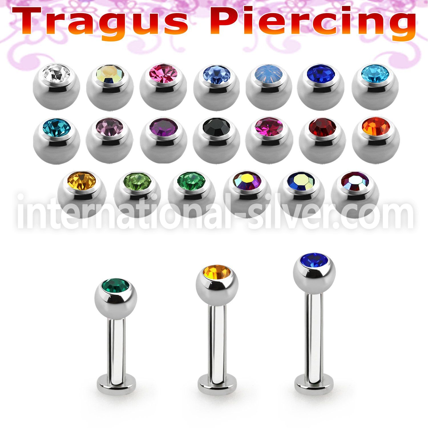 tlbc3 316l steel tragus labret 16g w 3mm bezel set jewel ball 