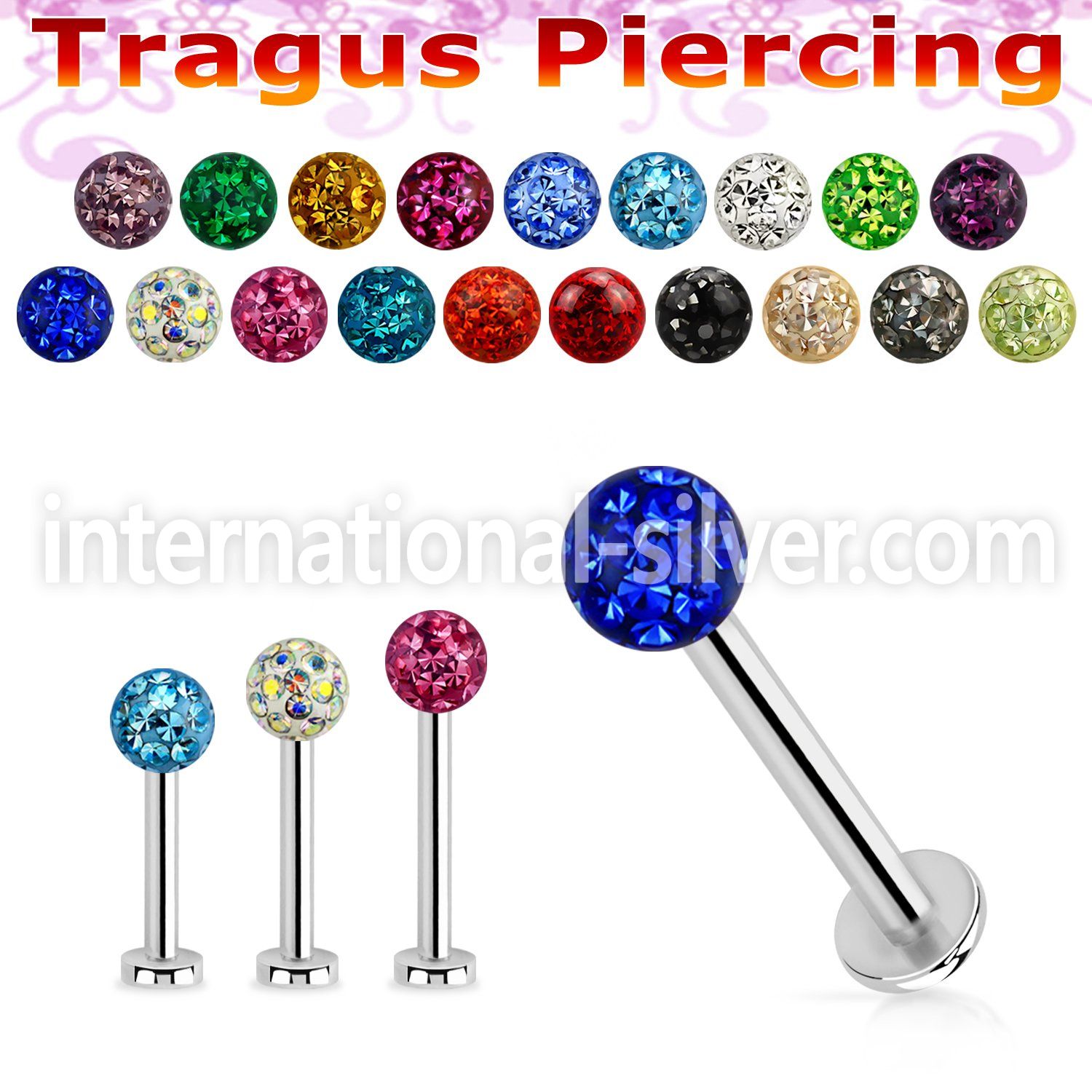 tlbfr3 316l steel tragus labret 16g w a 3mm multi crystal ball