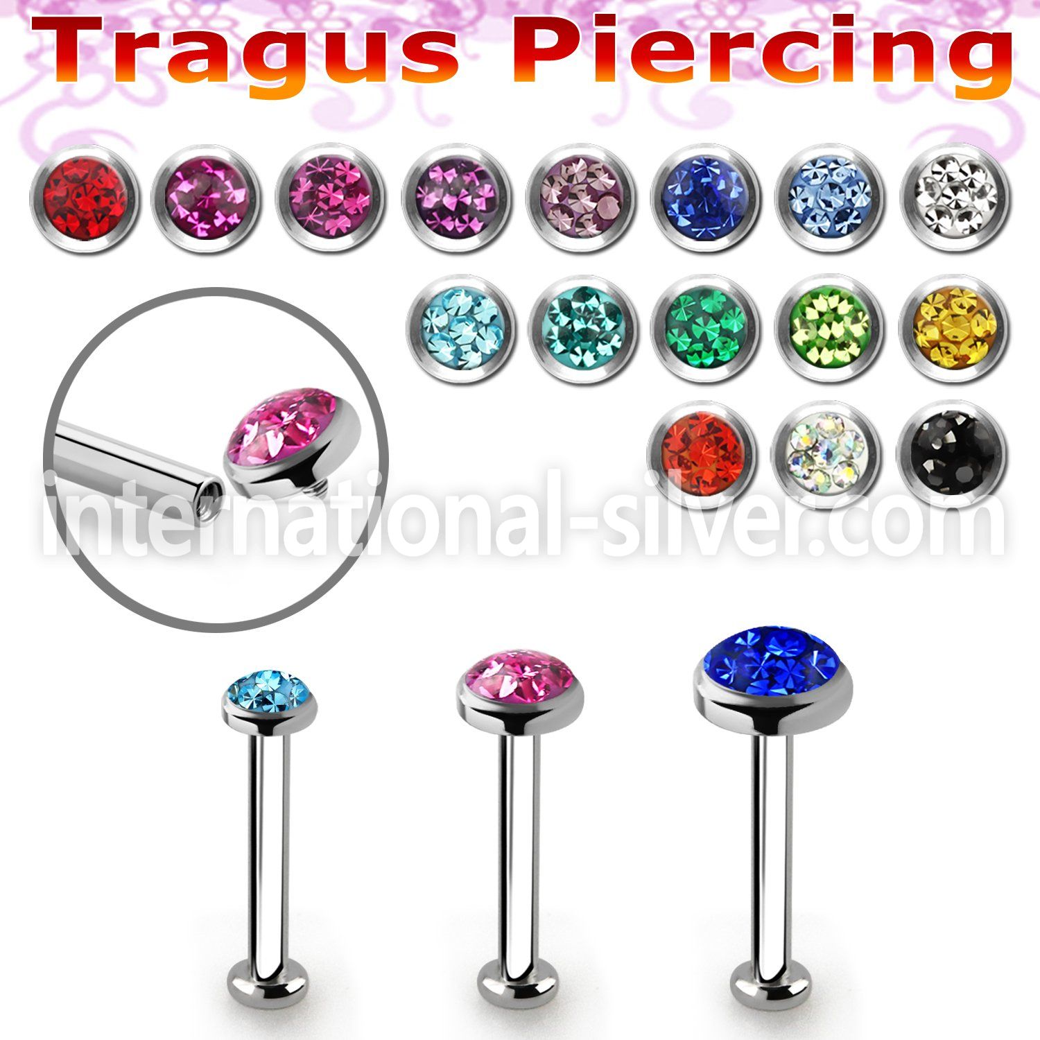 tlbifrc steel internal tragus labret w flat multi crystal top