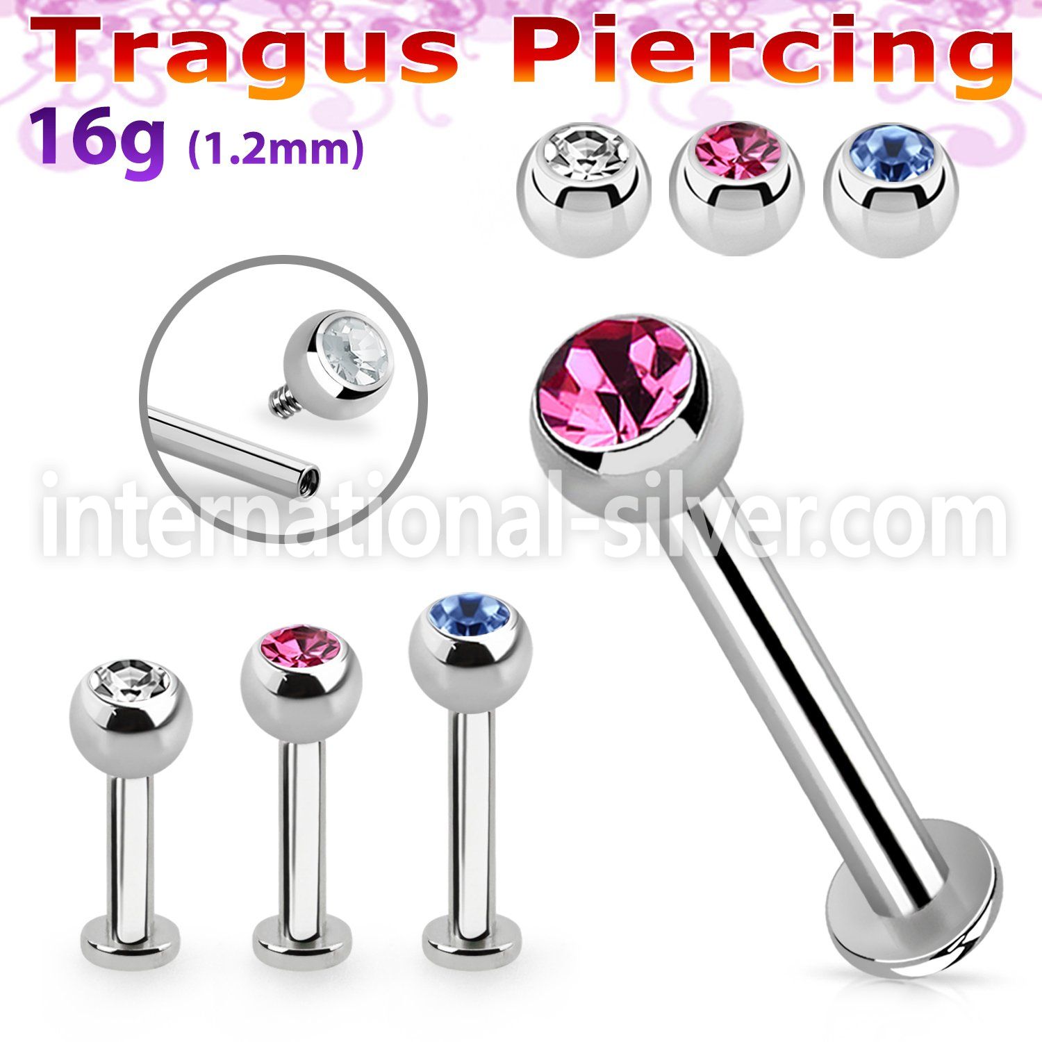 tlbjbin3 316l steel internal threaded tragus labret w jewel ball