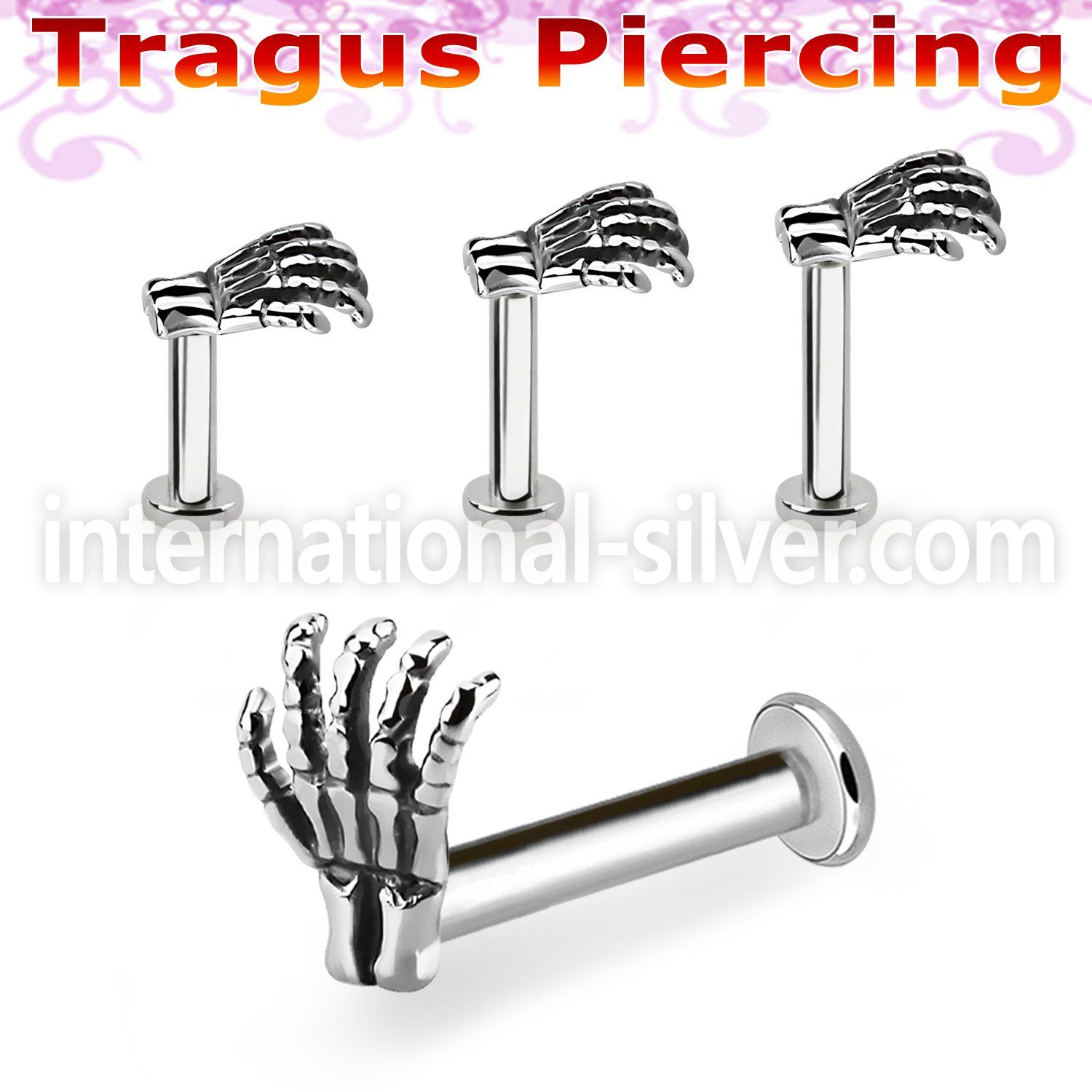 tlbskhd 316l steel tragus labret 16g casted steel skeleton hand