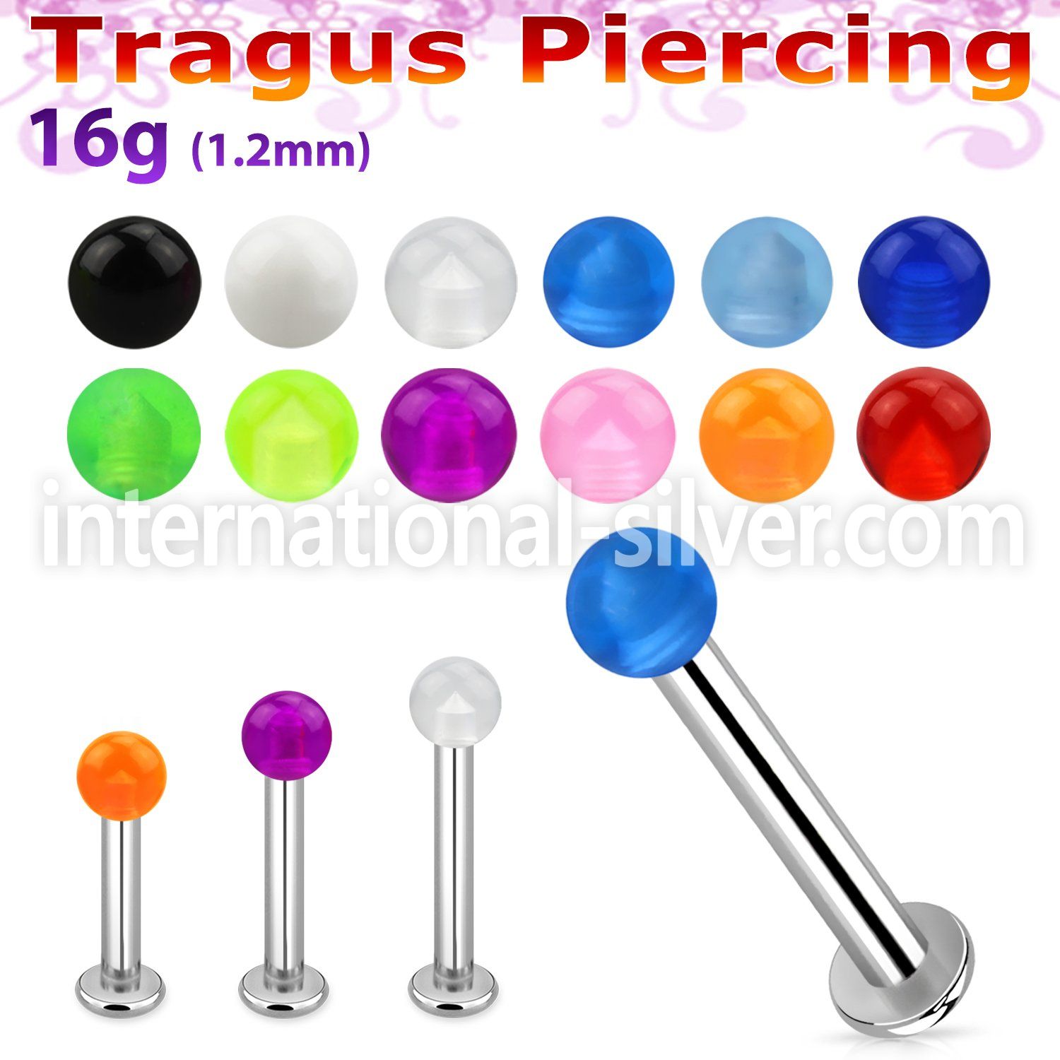tlbvb25 316l steel tragus labret 16g w a 2.5mm acrylic uv ball 