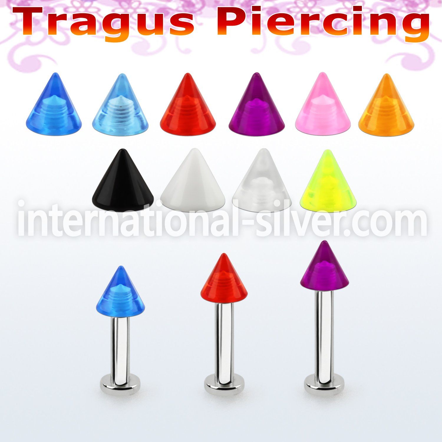 tlbvcn4s 316l steel tragus labret 16g w a 4mm acrylic uv cone 