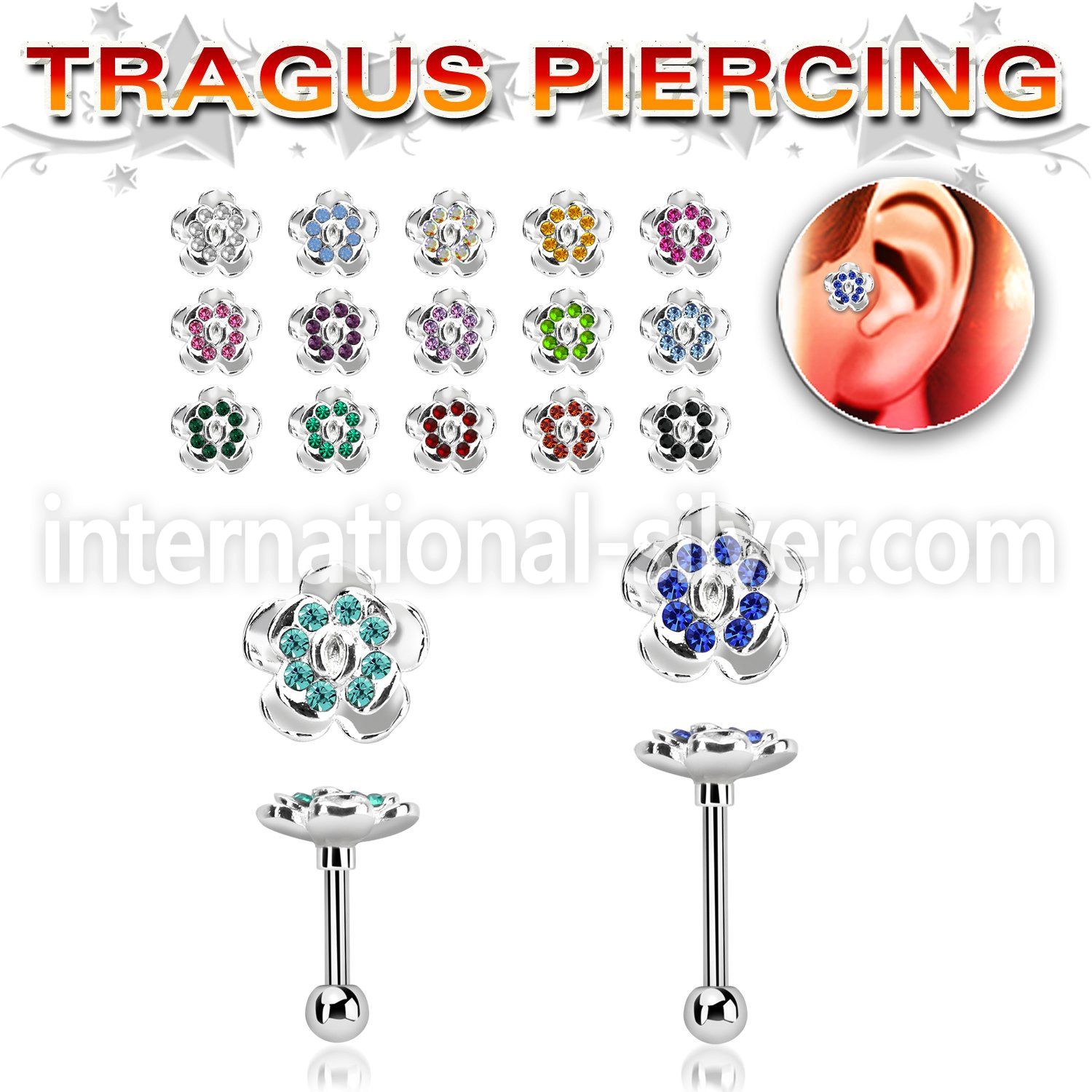 trg38 steel tragus piercing barbell w crystal flower top part