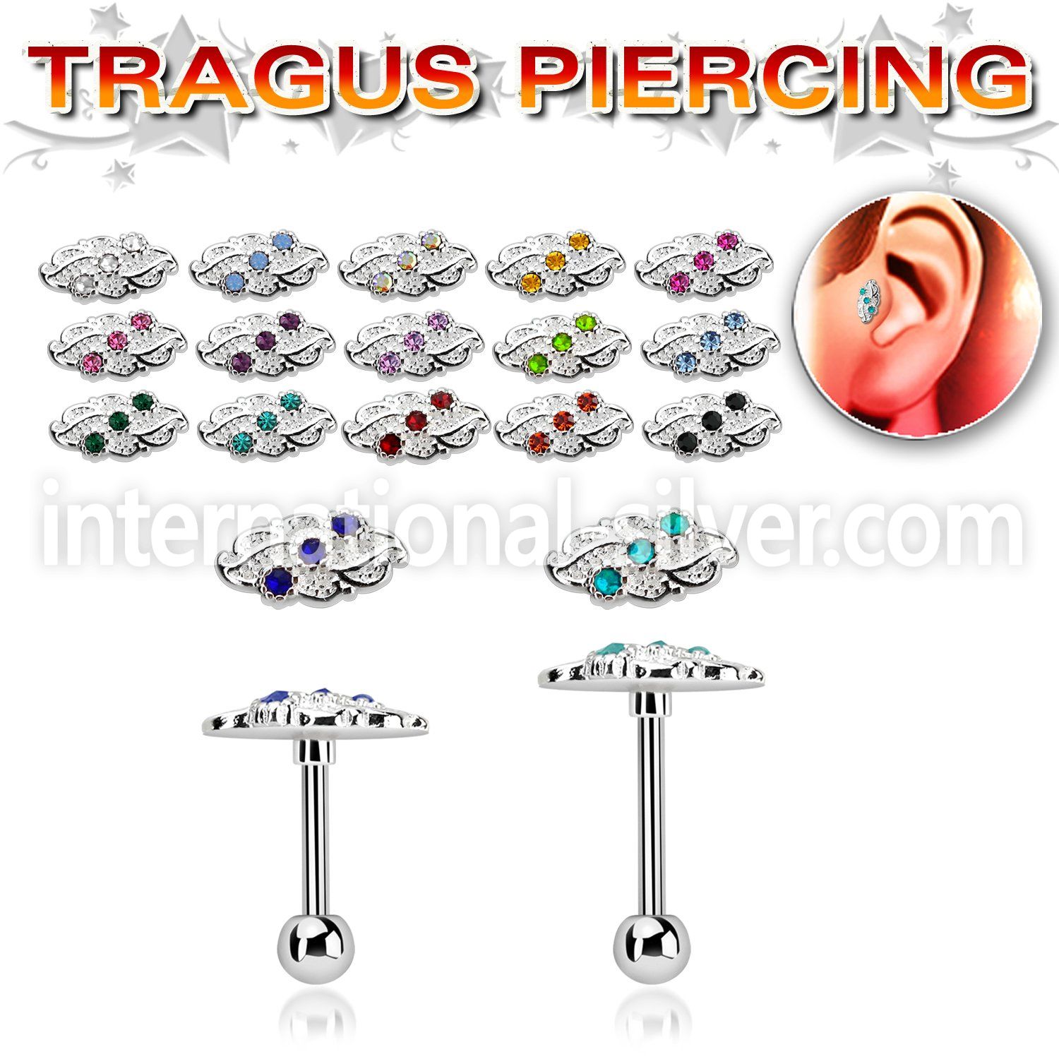trg40 steel tragus piercing barbell w leave 3 crystals