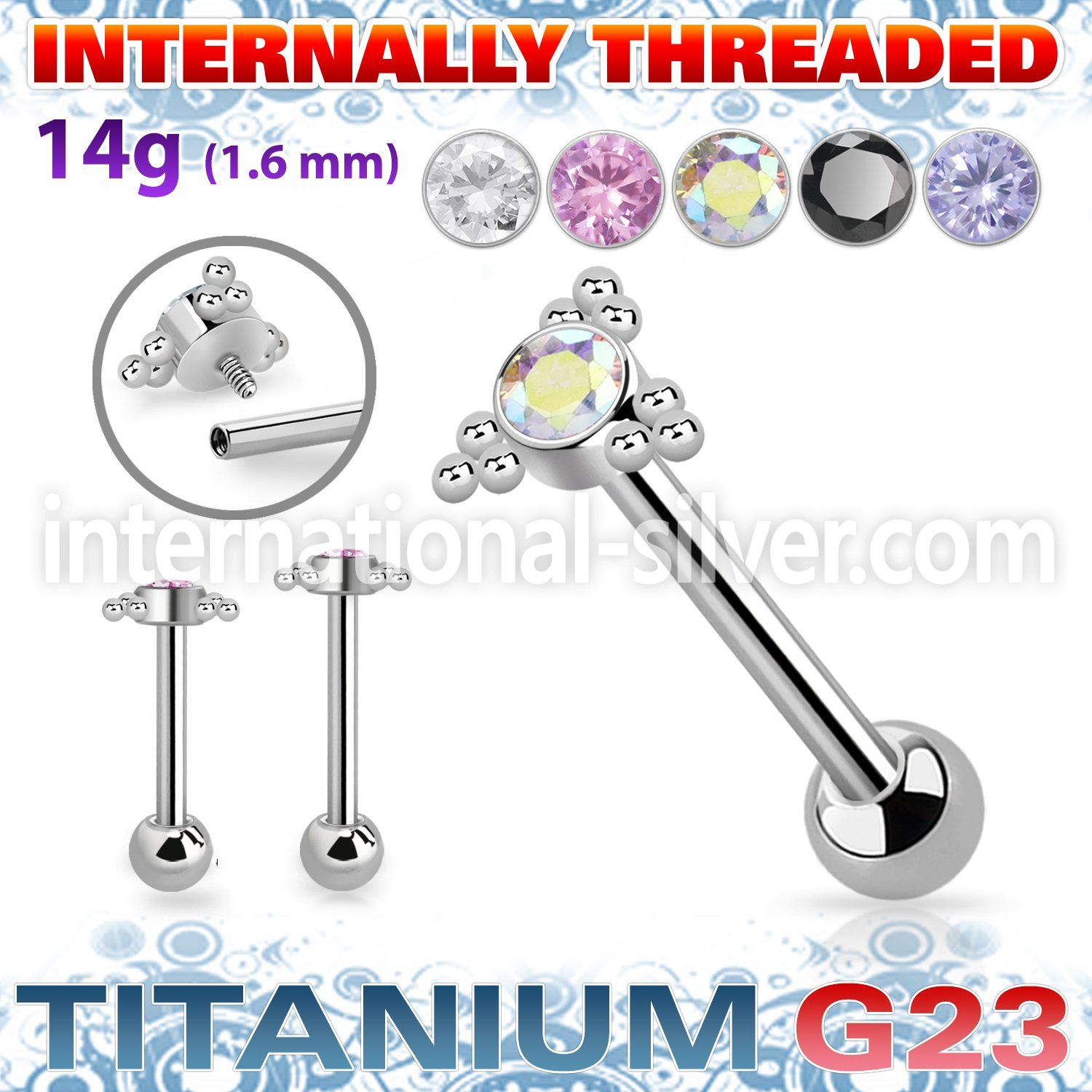 ubbimshz2 titanium straight barbell 14g cz triangle internal