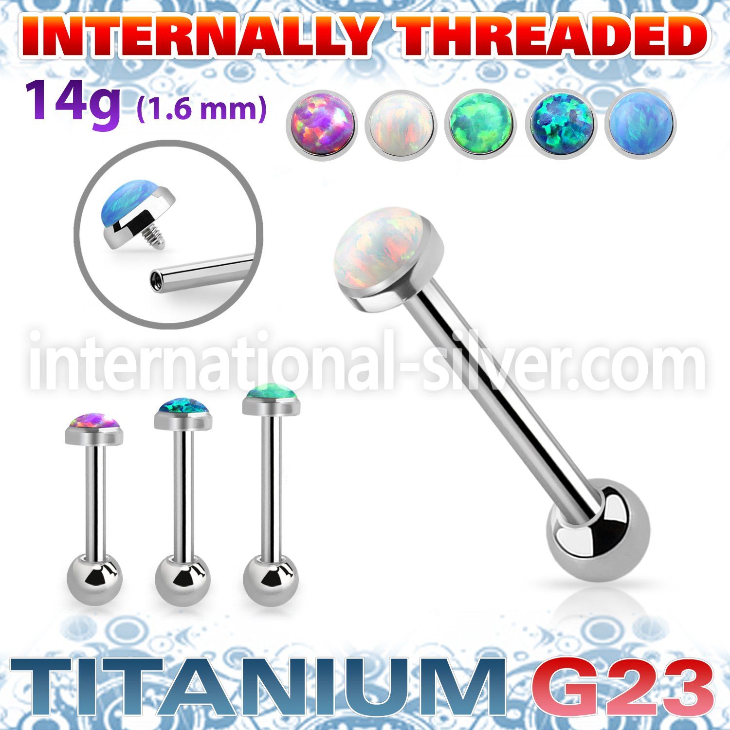 ubbinfop5 titanium barbell 14g flat cabochon opal internal
