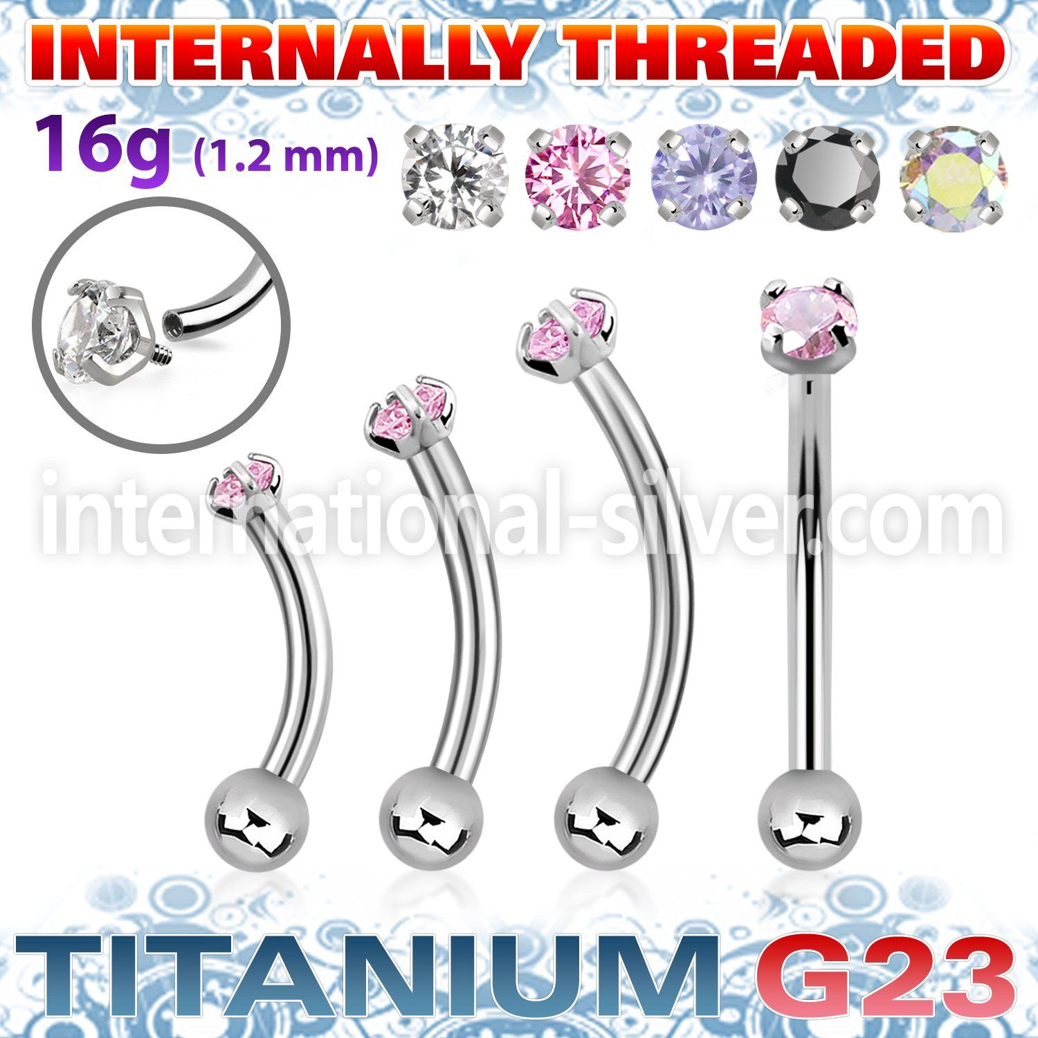 ubnbin12 titanium curved barbell 16g round cz ball internal