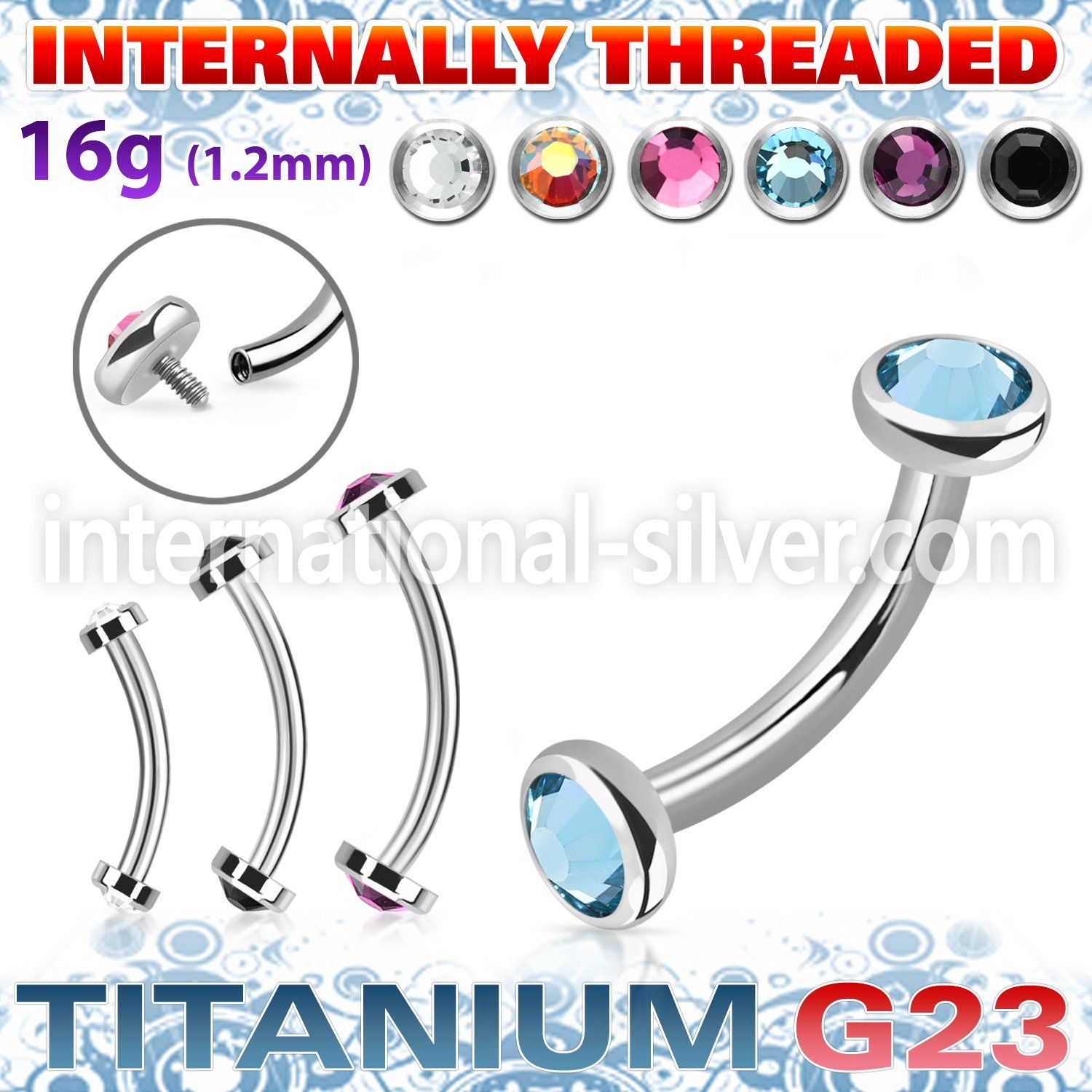 ubnin11 titanium curved barbell 16g flat back gems internal
