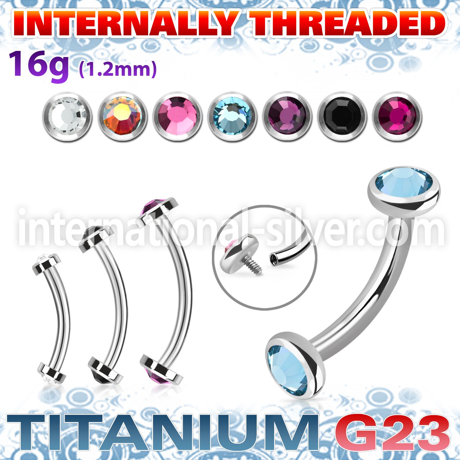ubnin11 titanium curved barbell 16g flat back gems internal