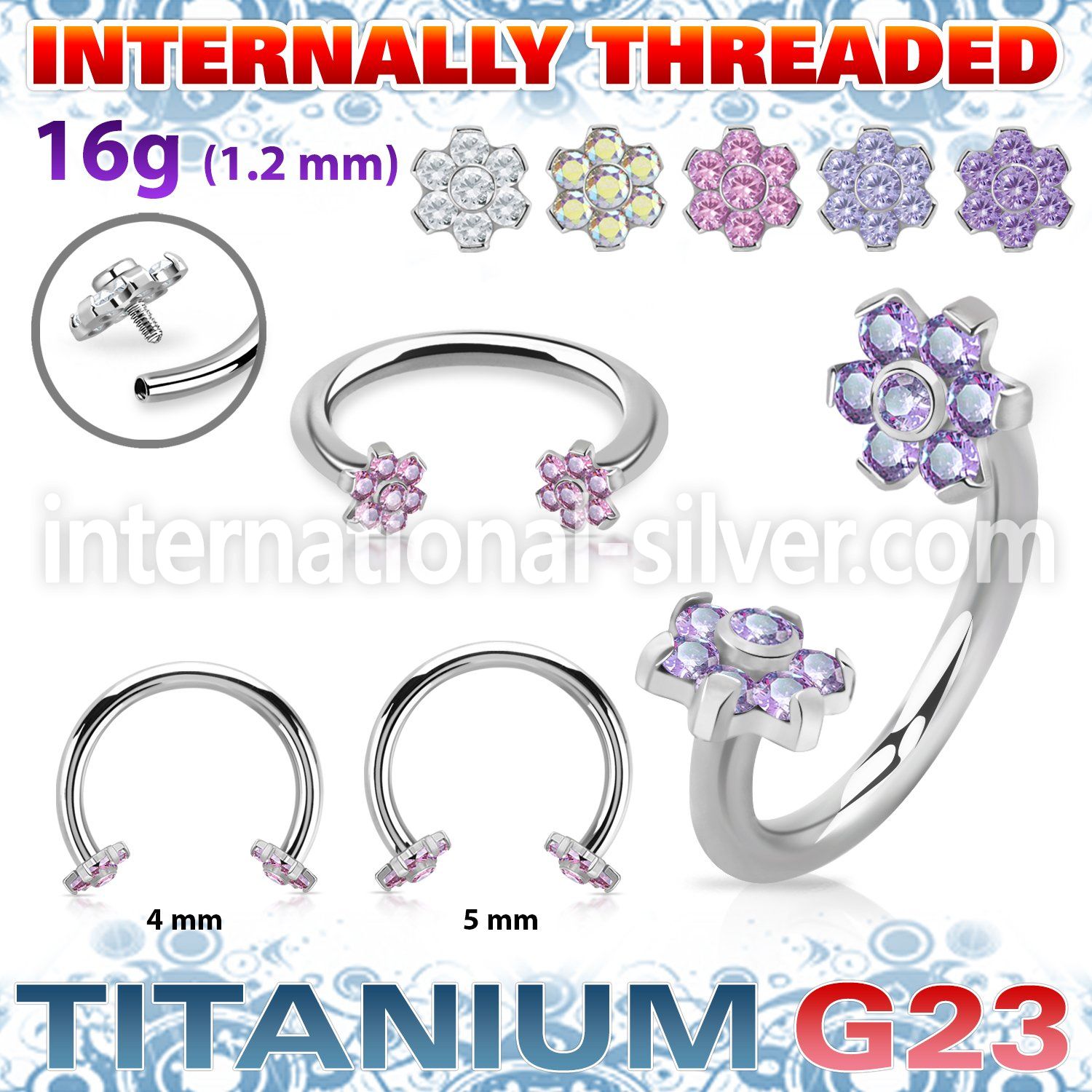 ucbin10 titanium horseshoe 16g flower top cz internal