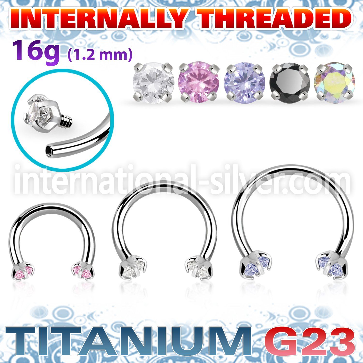 ucbin12 titanium horseshoe 16g round color cz internal