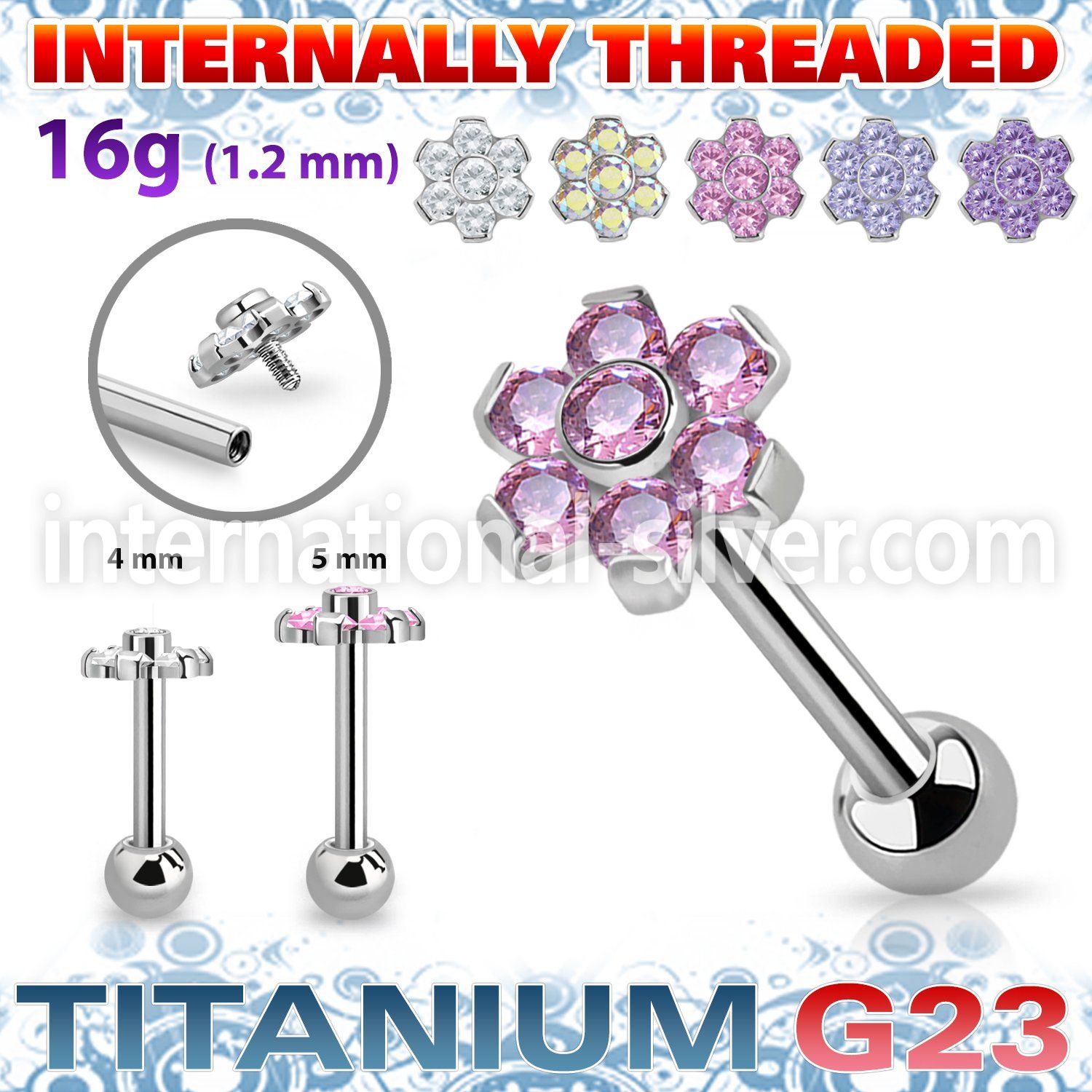 uhein10 titanium barbell internal threading 7 color cz